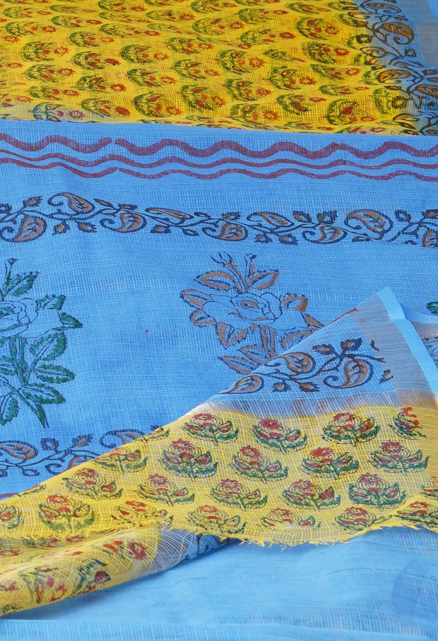 Yellow Pure Block Printed Kota Cotton Saree-UNM75345