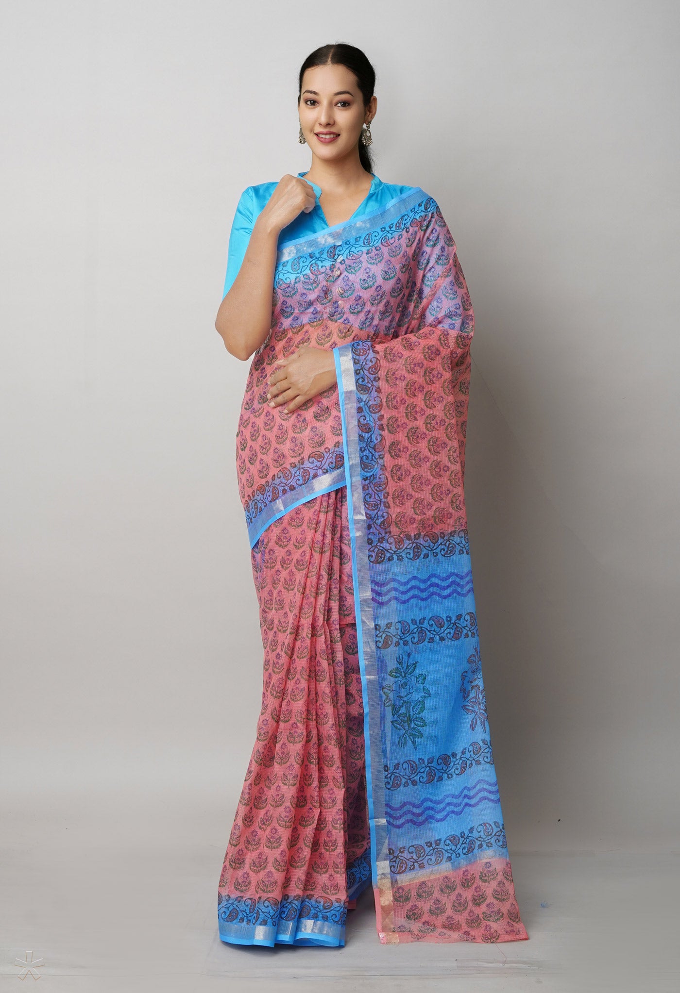 Orange Pure Block Printed Kota Cotton Saree-UNM75346