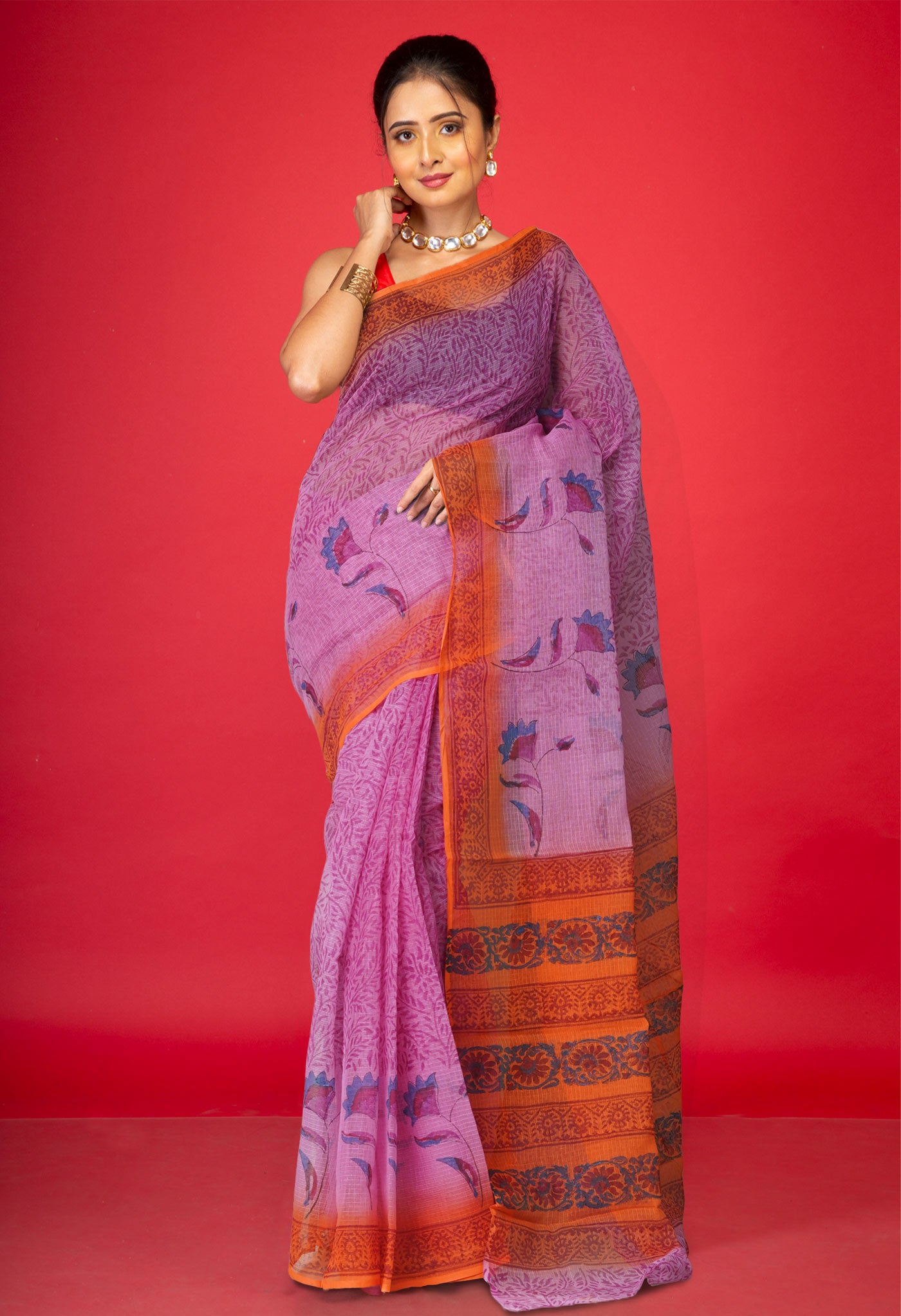 Pink Pure Block Printed Kota Cotton Saree With Cotton Printed Blouse Piece-UNM75352