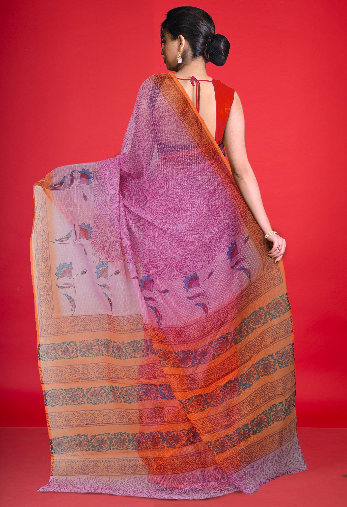 Pink Pure Block Printed Kota Cotton Saree With Cotton Printed Blouse Piece-UNM75352
