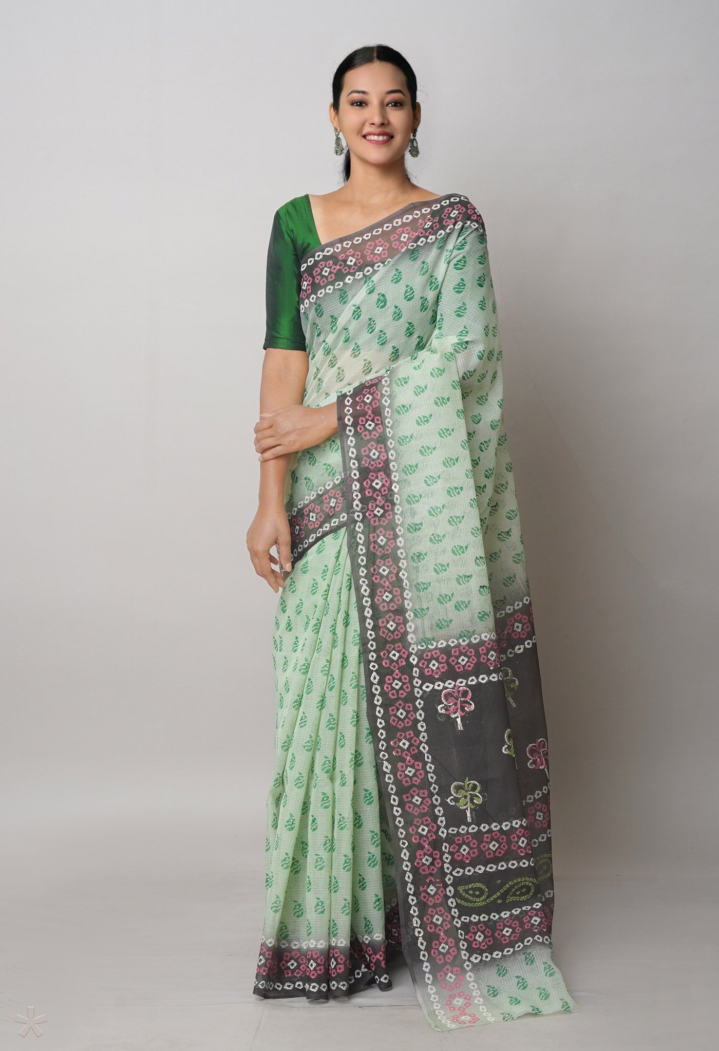Green Pure Block Printed Kota Cotton Saree With Cotton Printed Blouse Piece