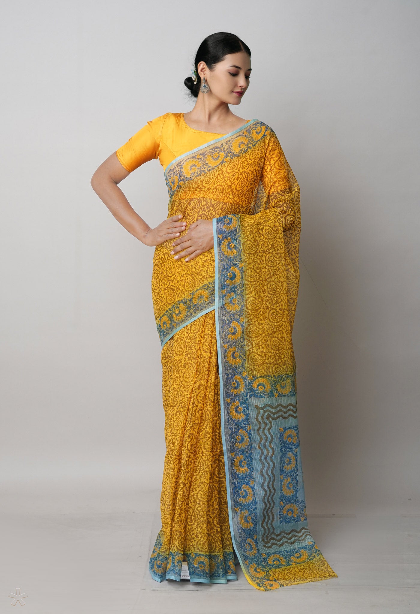 Yellow Pure Block Printed Kota Cotton Saree With Cotton Printed Blouse Piece-UNM75357