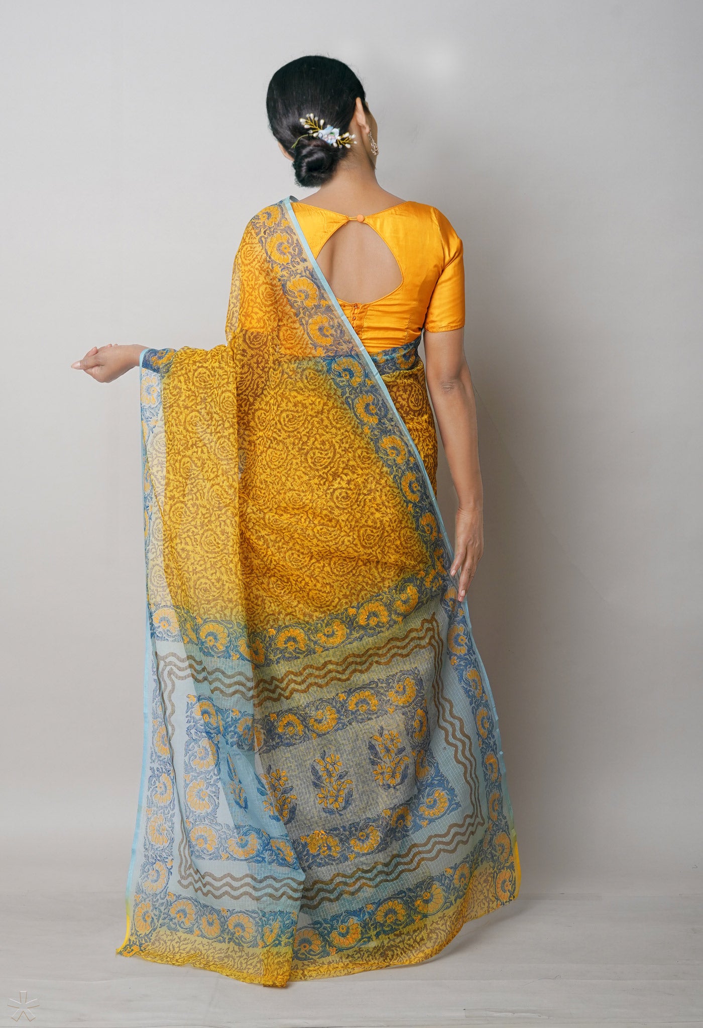 Yellow Pure Block Printed Kota Cotton Saree With Cotton Printed Blouse Piece-UNM75357