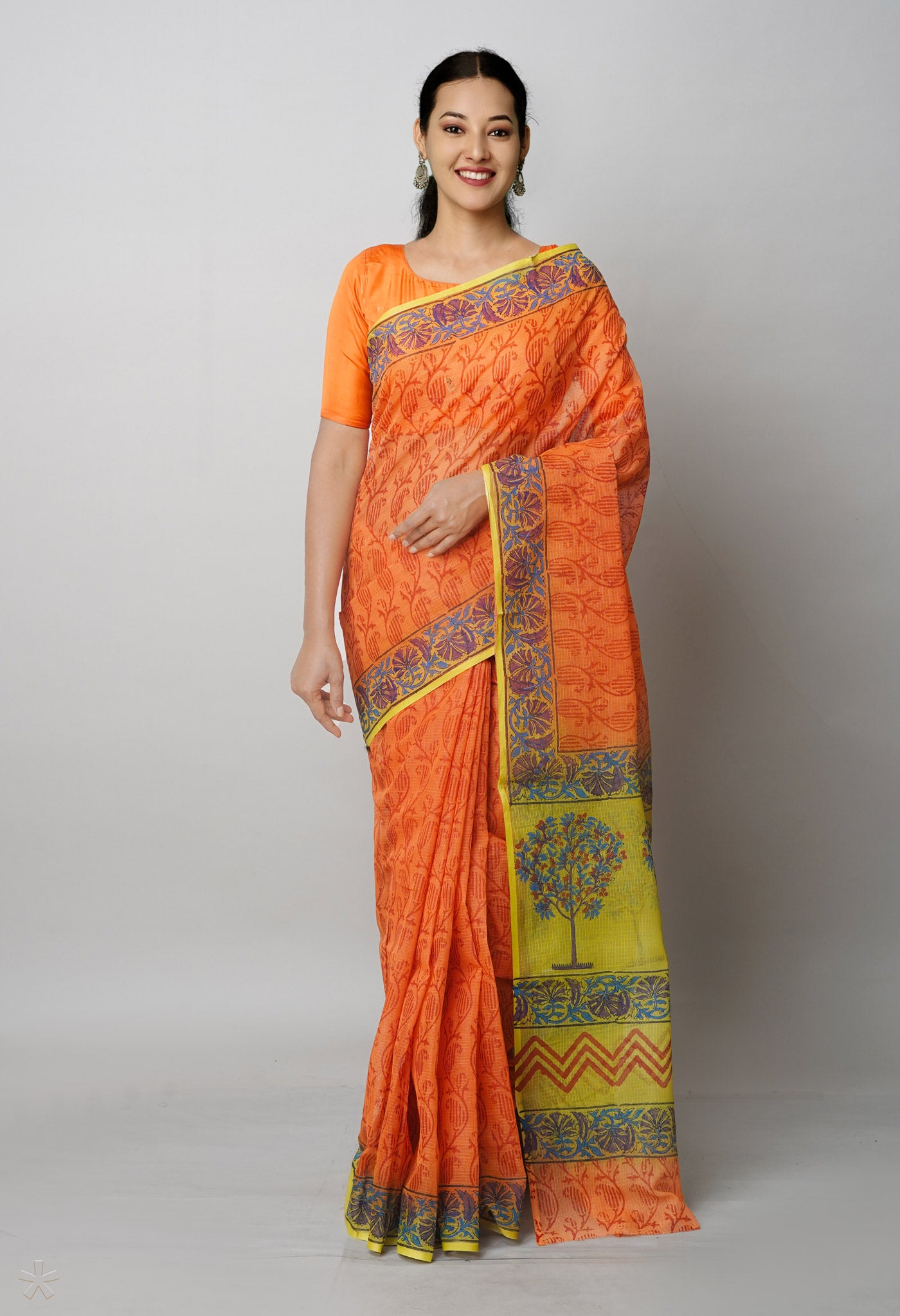 Orange Pure Block Printed Kota Cotton Saree With Cotton Printed Blouse Piece