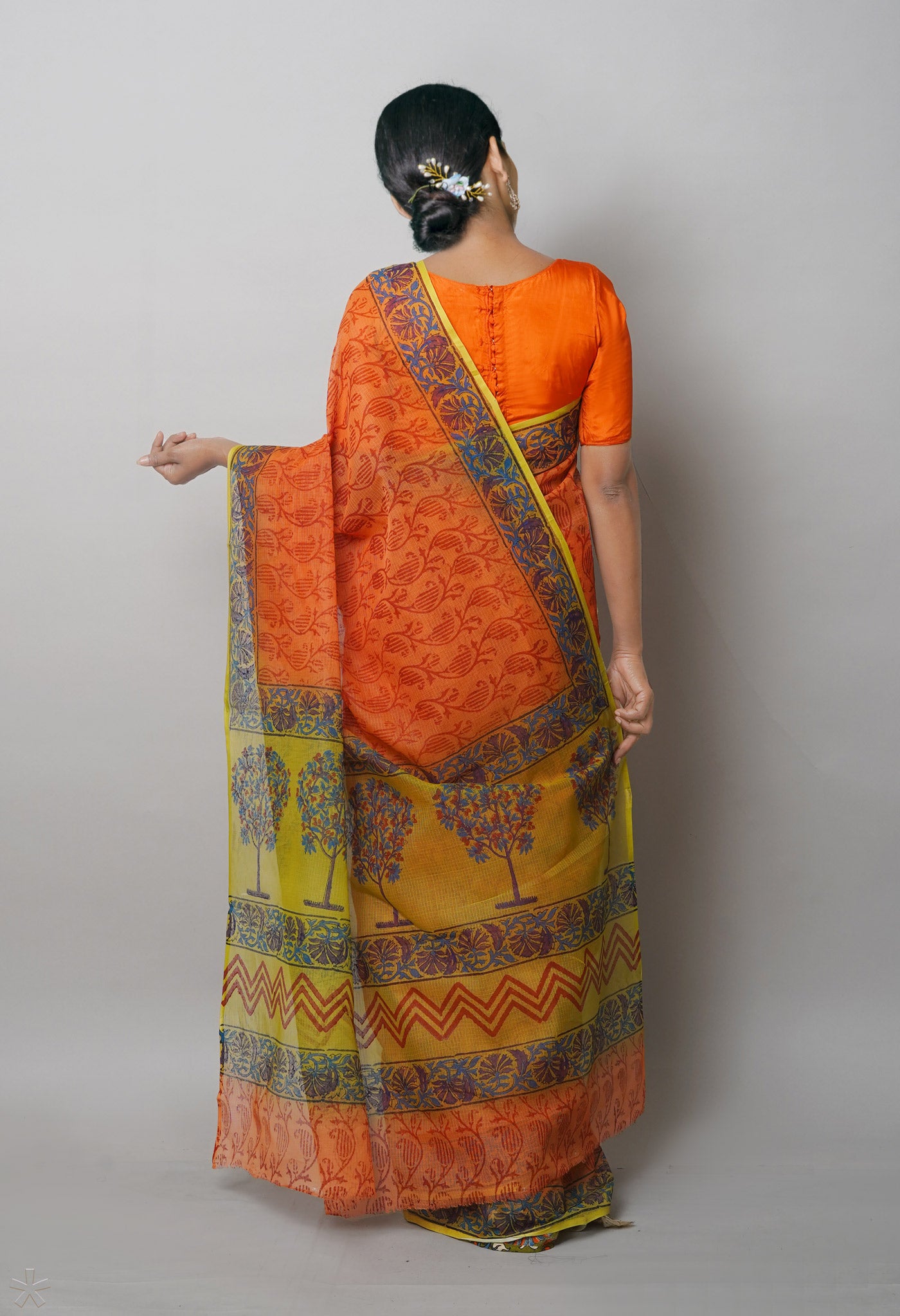 Orange Pure Block Printed Kota Cotton Saree With Cotton Printed Blouse Piece