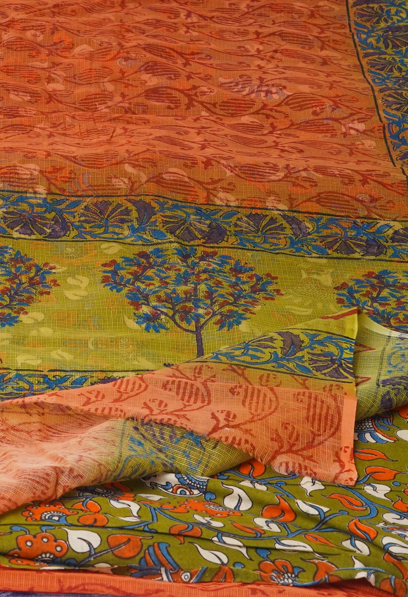 Orange Pure Block Printed Kota Cotton Saree With Cotton Printed Blouse Piece