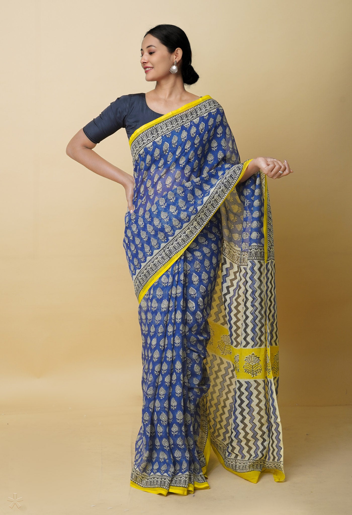 Blue Pure Bagru Printed Kota Cotton Saree