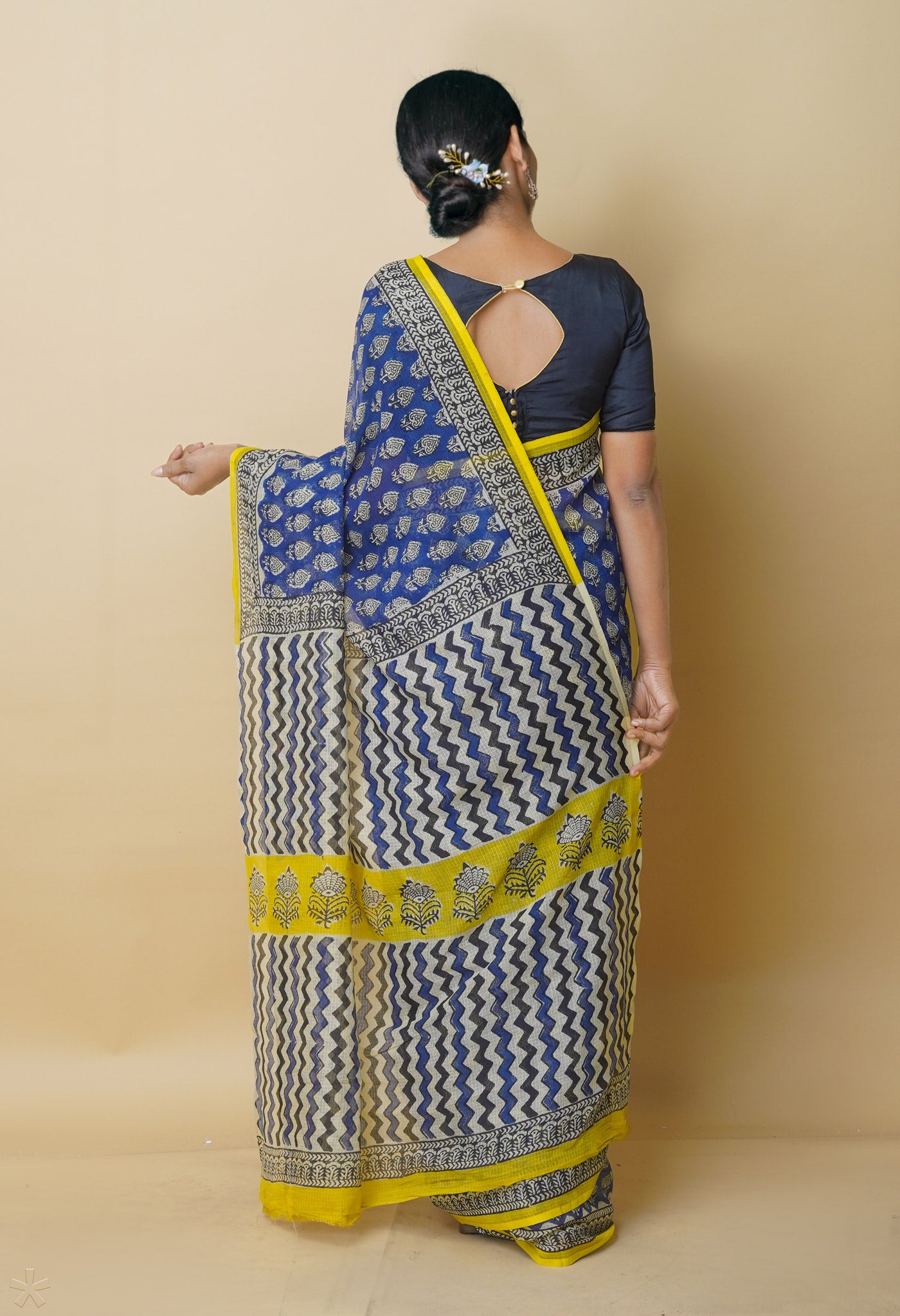 Blue Pure Bagru Printed Kota Cotton Saree