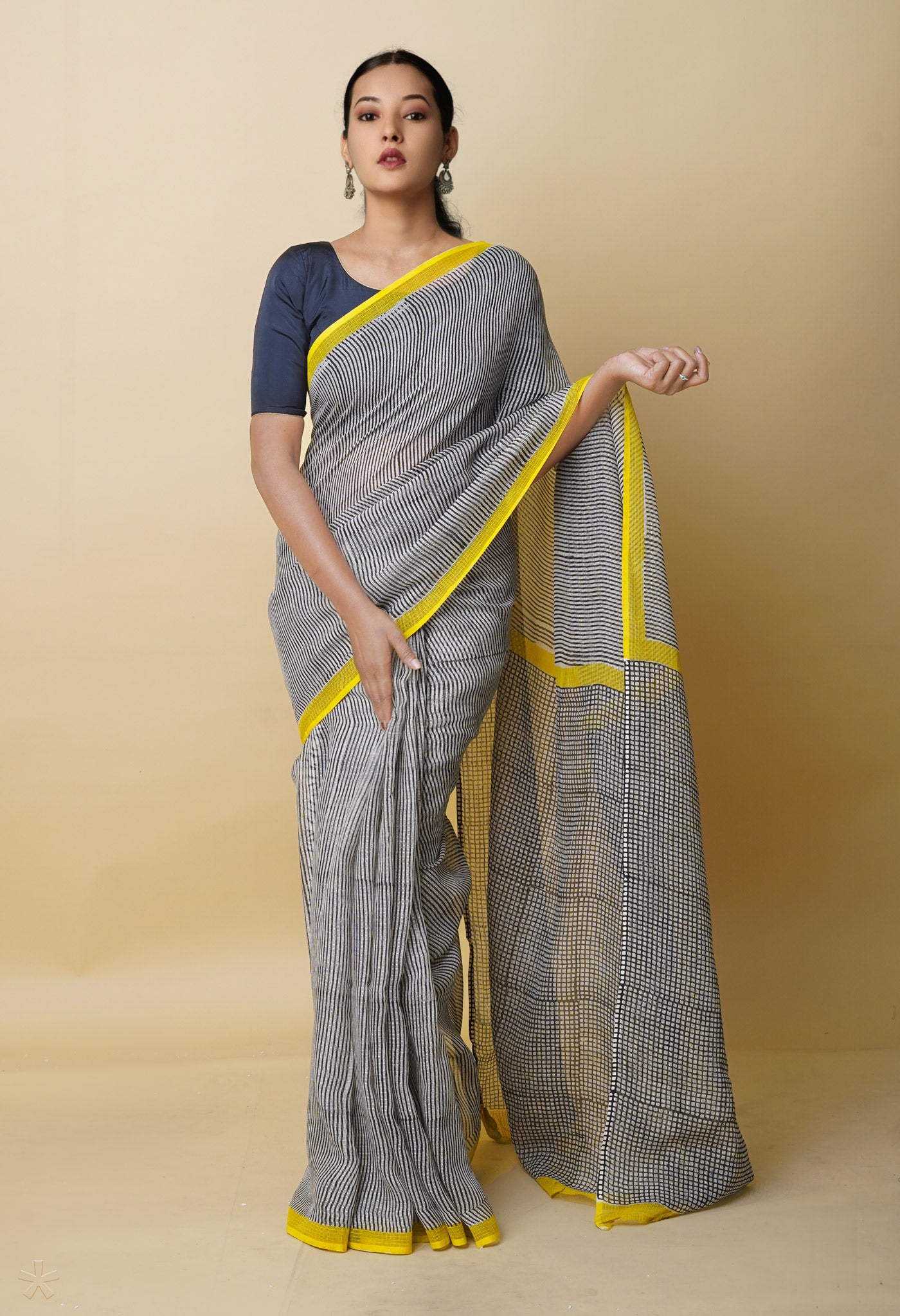 Cream-Black Pure Bagru Printed Kota Cotton Saree