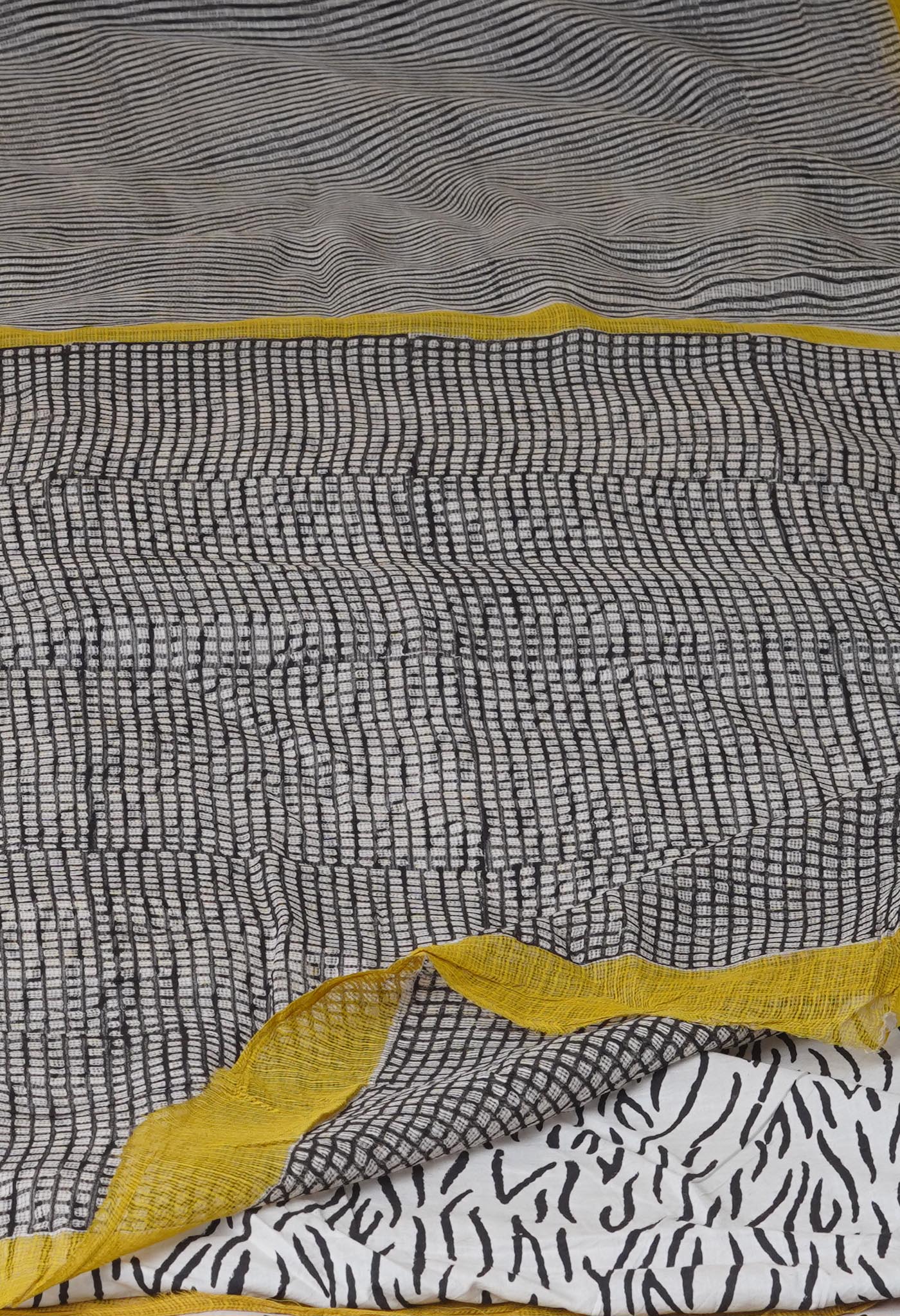 Cream-Black Pure Bagru Printed Kota Cotton Saree