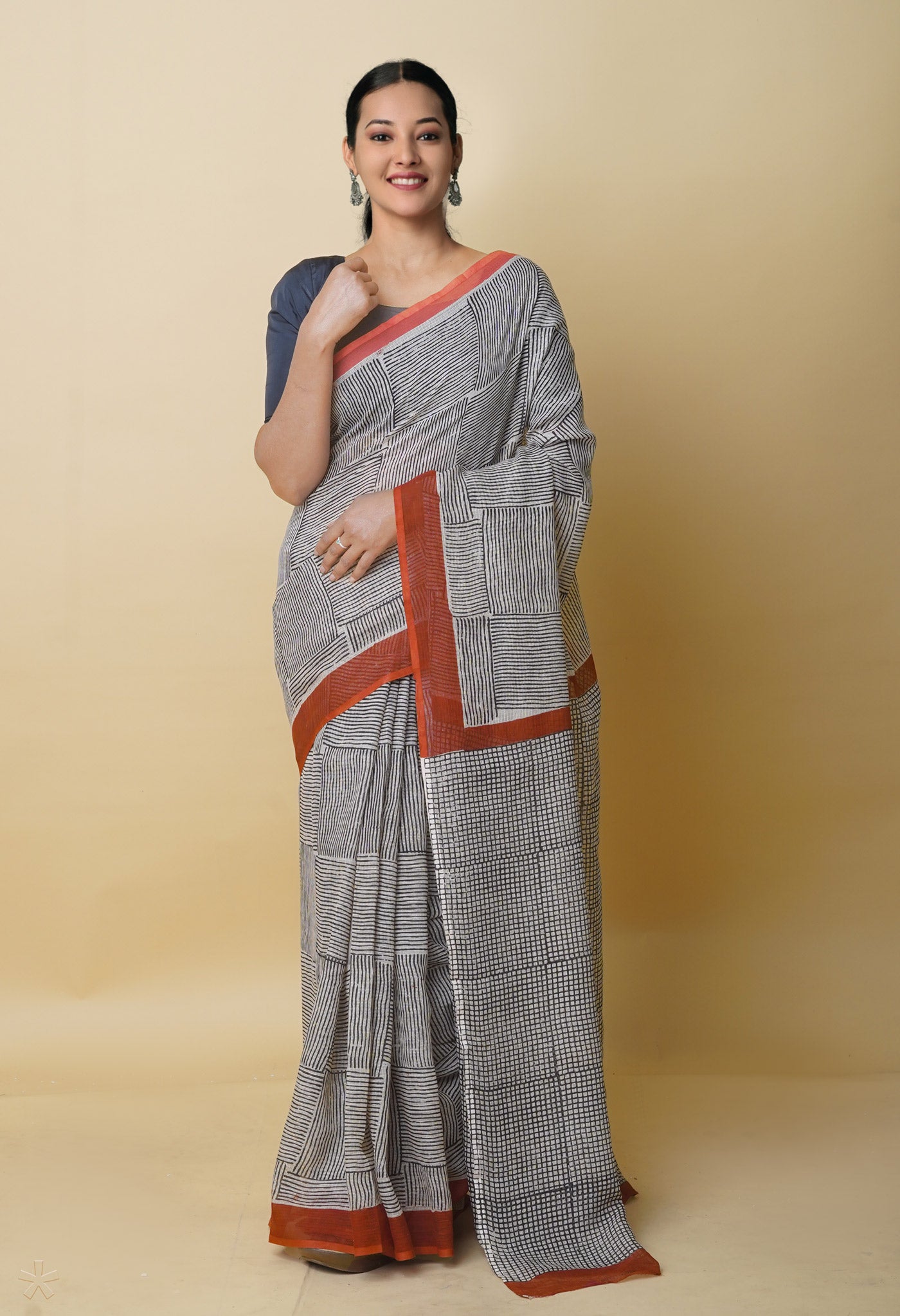 Cream-Black Pure Bagru Printed Kota Cotton Saree