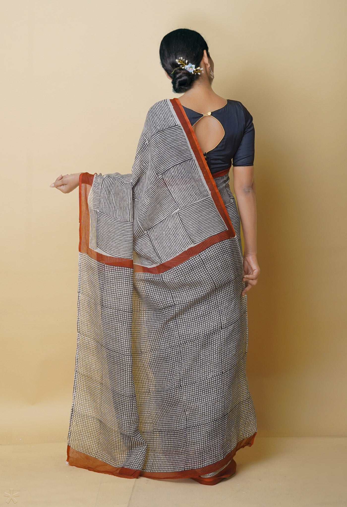 Cream-Black Pure Bagru Printed Kota Cotton Saree