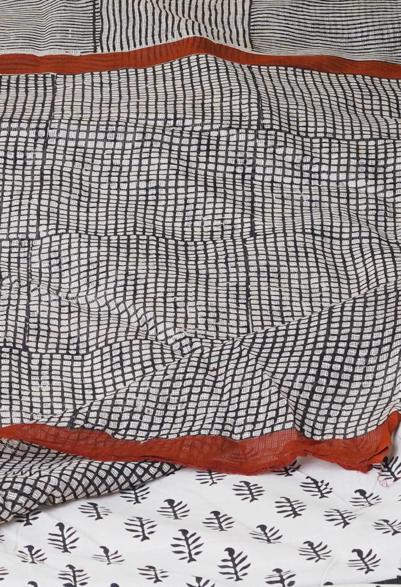 Cream-Black Pure Bagru Printed Kota Cotton Saree