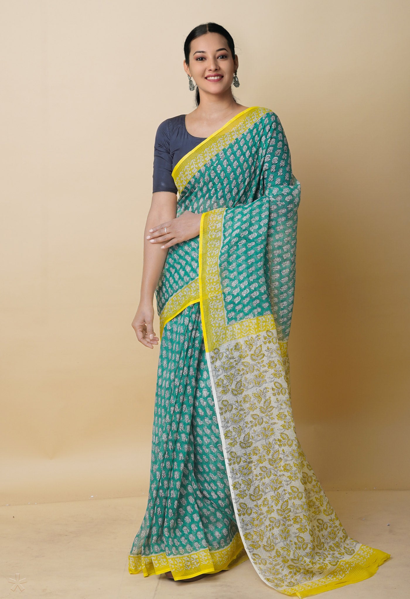 Green Pure Bagru Printed Kota Cotton Saree