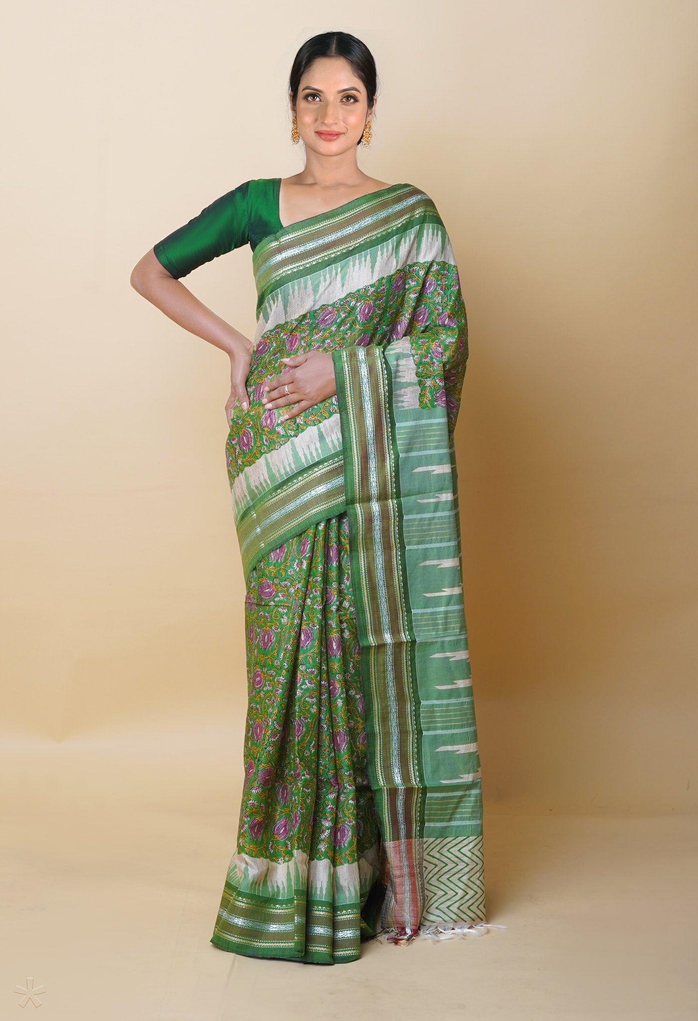 Green Pure Handloom Hand Block Printed Vidarbha Tussar Silk Saree