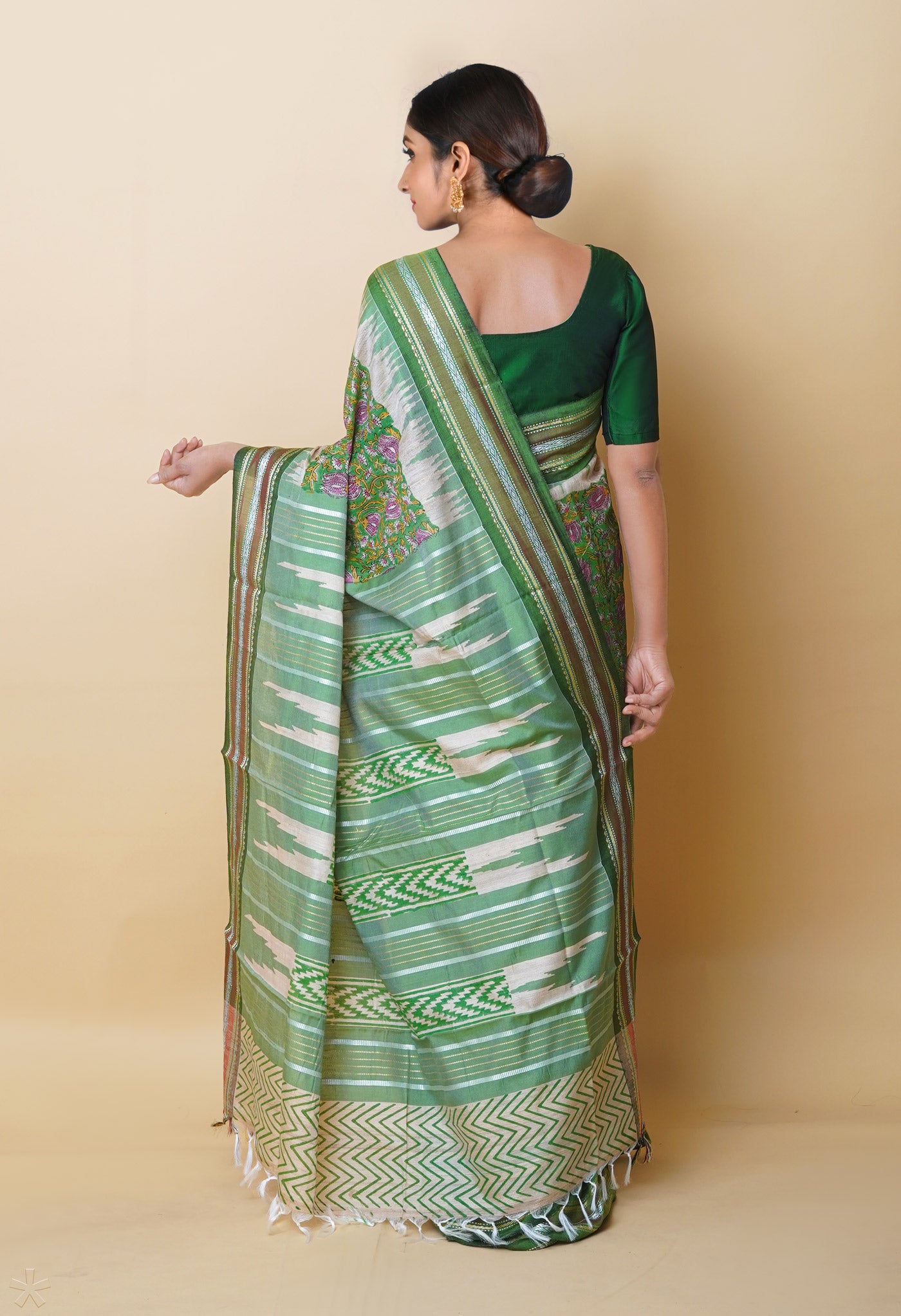 Green Pure Handloom Hand Block Printed Vidarbha Tussar Silk Saree