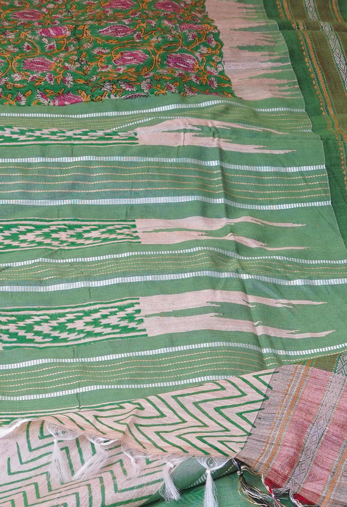 Green Pure Handloom Hand Block Printed Vidarbha Tussar Silk Saree