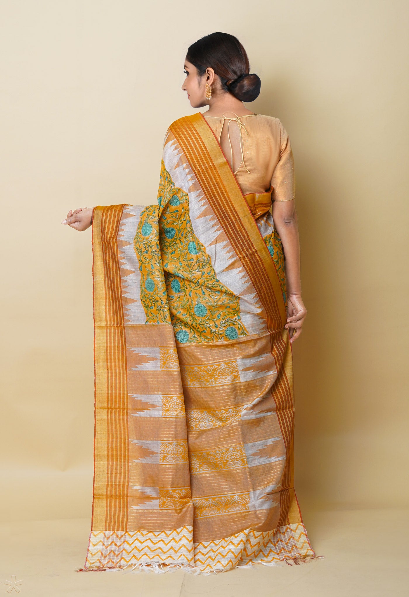 Orange Pure Handloom Hand Block Printed Vidarbha Tussar Silk Saree