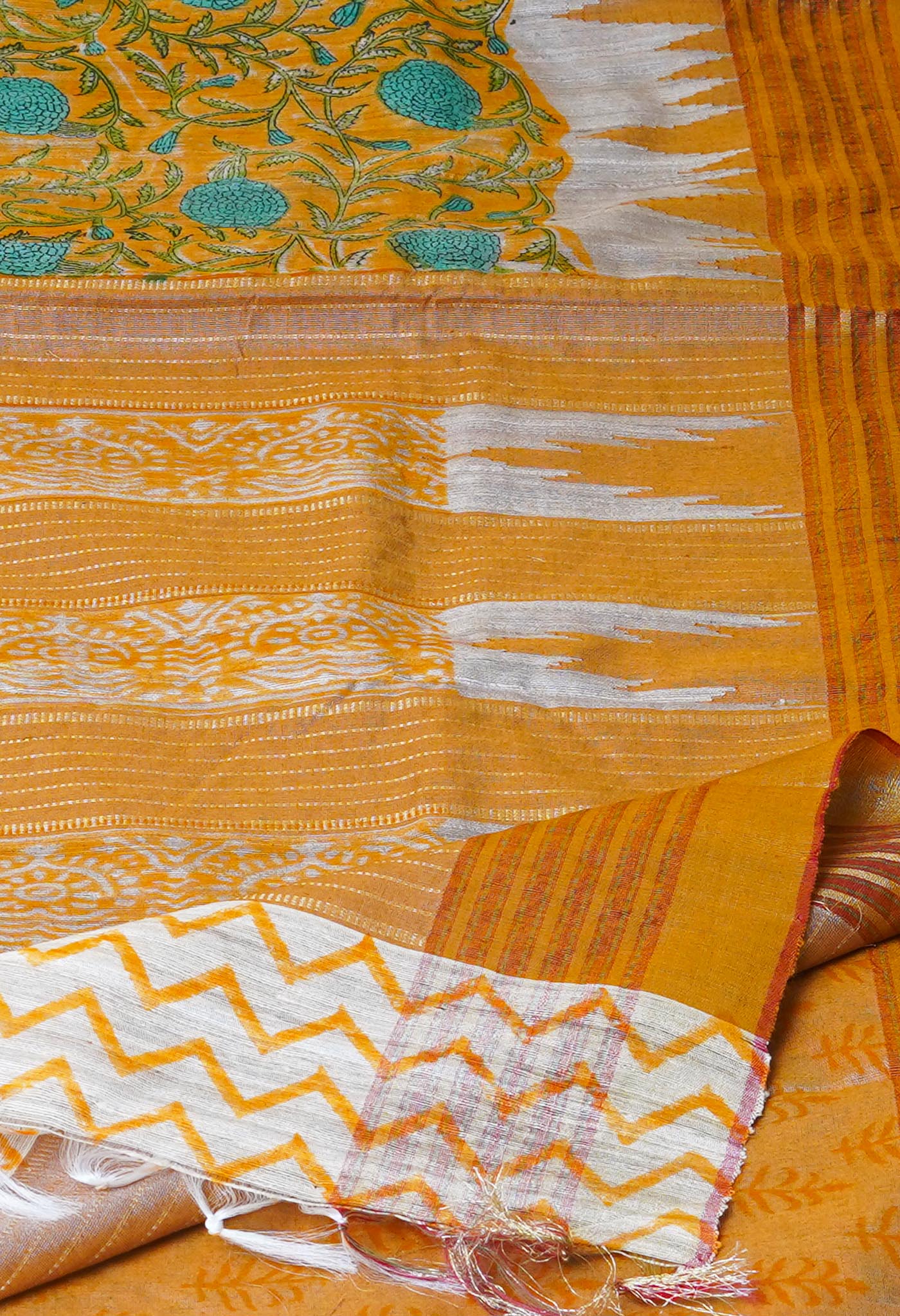 Orange Pure Handloom Hand Block Printed Vidarbha Tussar Silk Saree