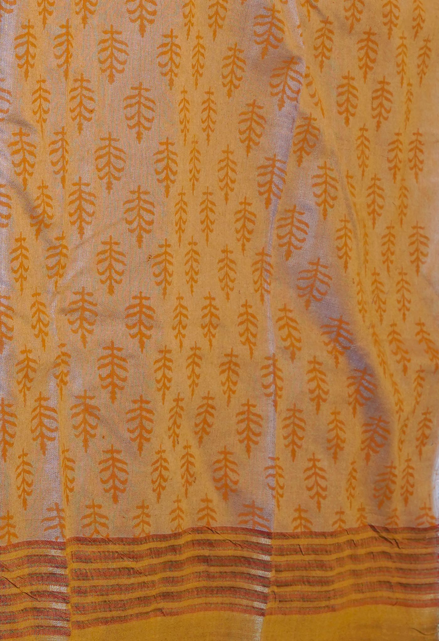 Orange Pure Handloom Hand Block Printed Vidarbha Tussar Silk Saree