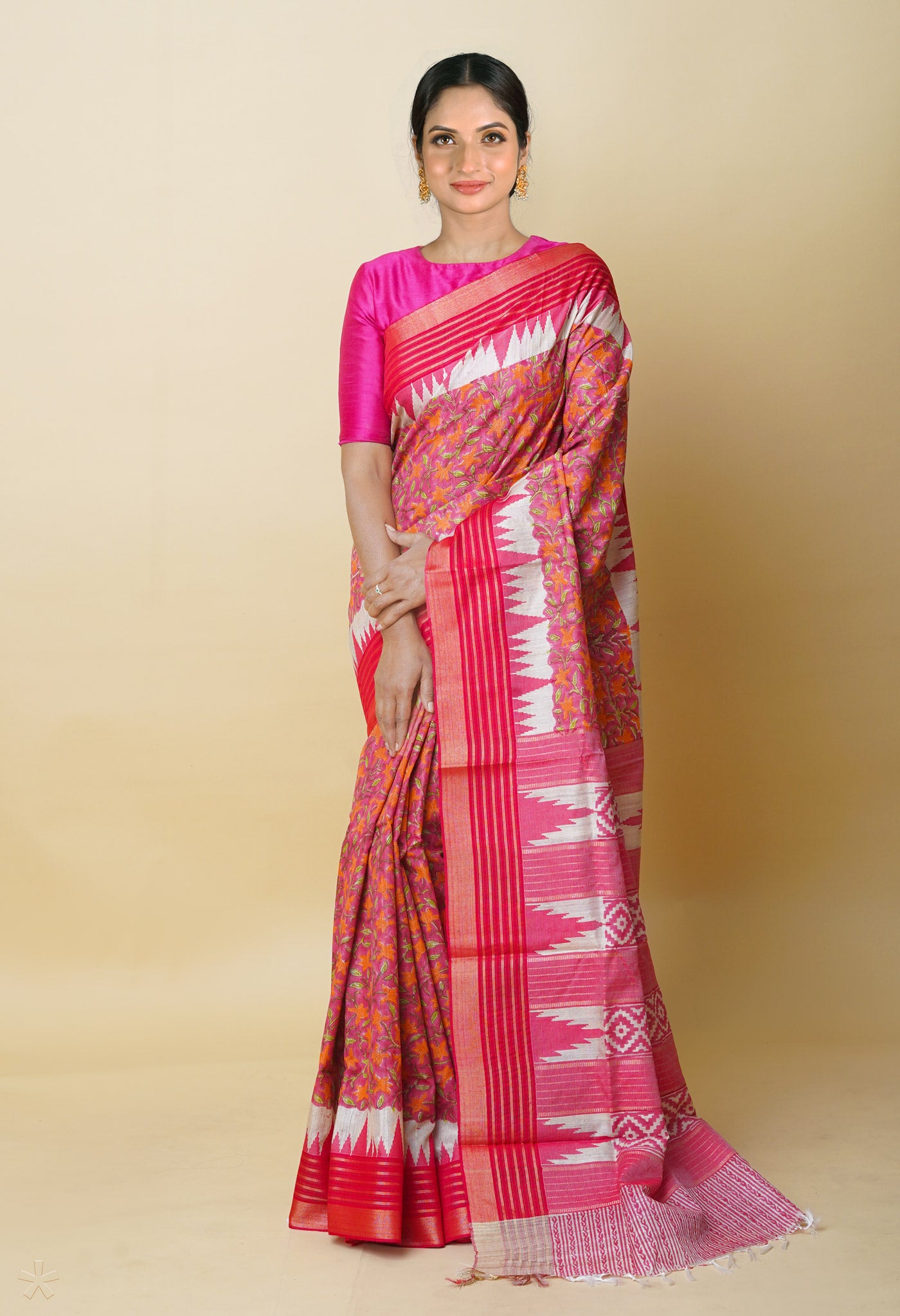 Pink Pure Handloom Hand Block Printed Vidarbha Tussar Silk Saree