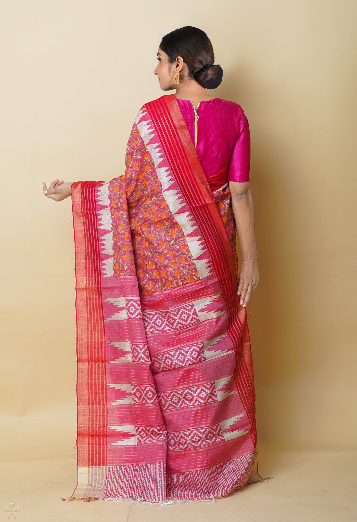 Pink Pure Handloom Hand Block Printed Vidarbha Tussar Silk Saree