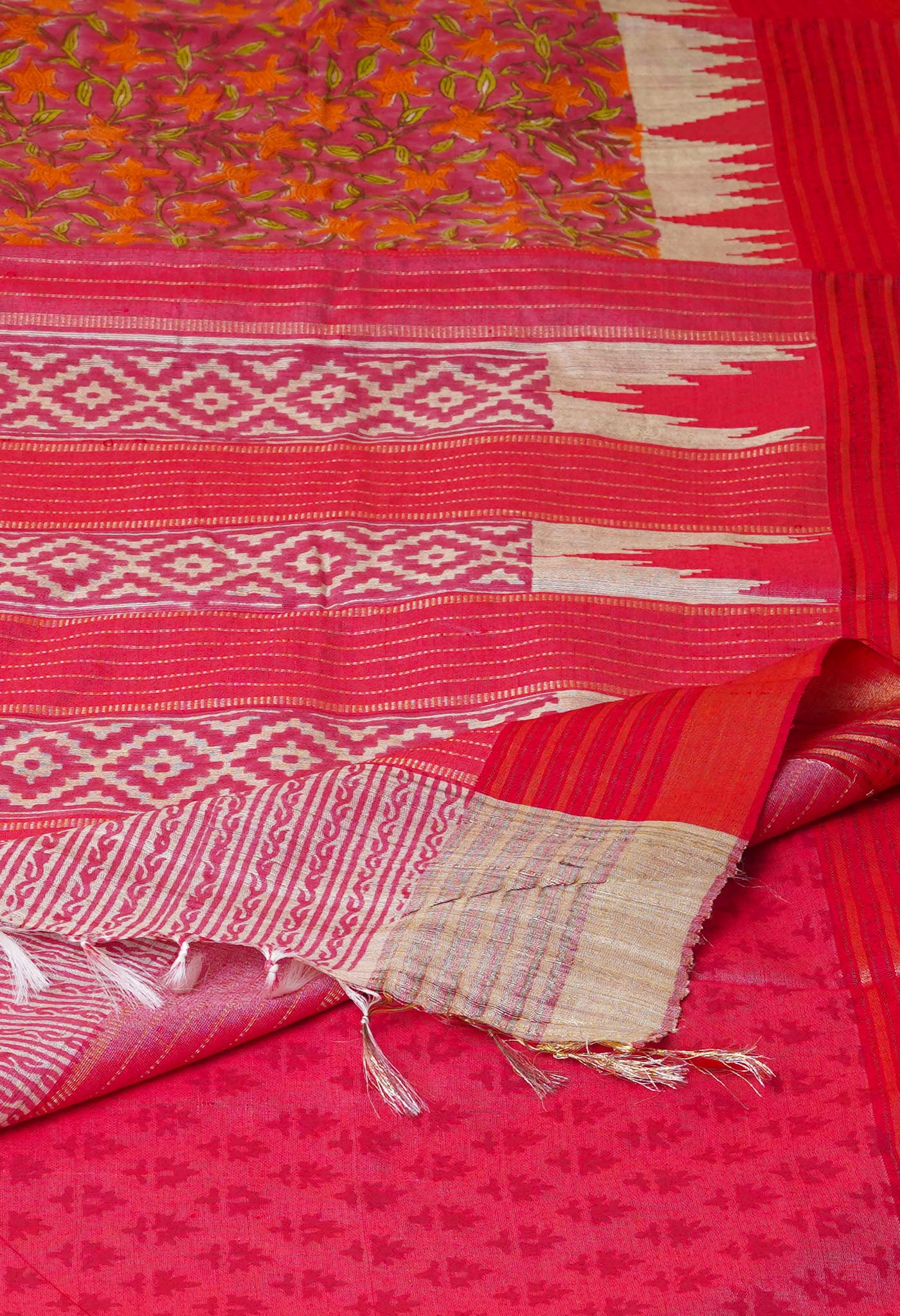 Pink Pure Handloom Hand Block Printed Vidarbha Tussar Silk Saree