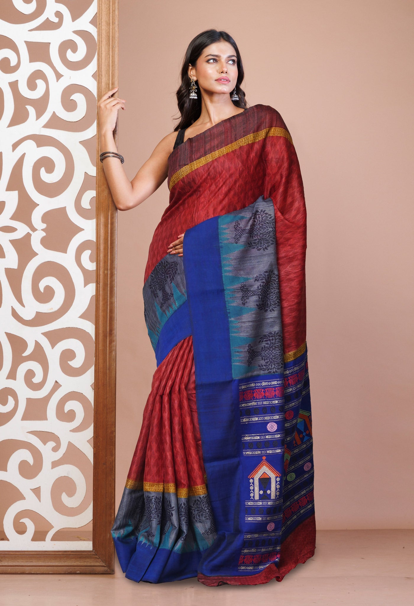 Red Pure Handloom Hand Block Printed Vidarbha Tussar Silk Saree-UNM75420