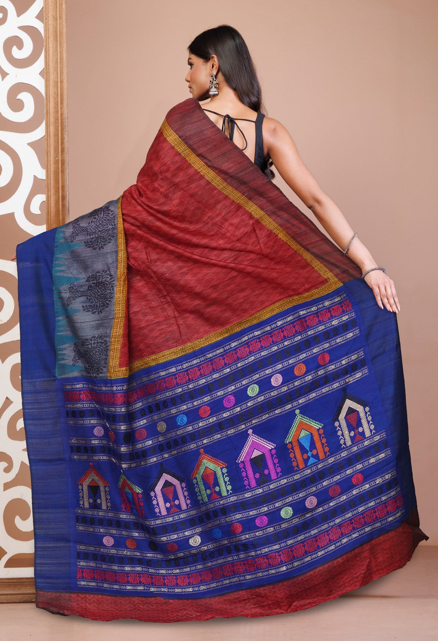 Red Pure Handloom Hand Block Printed Vidarbha Tussar Silk Saree-UNM75420