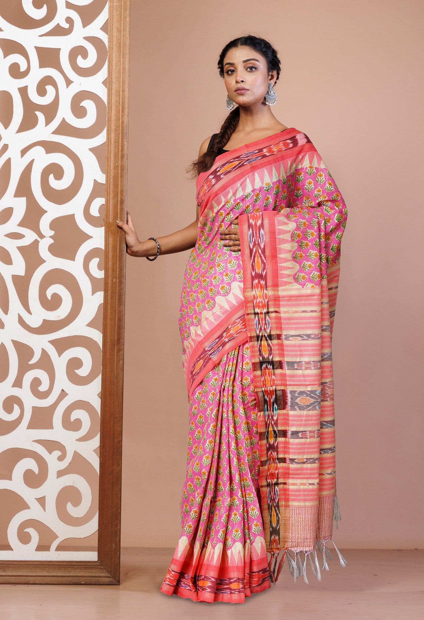 Pink Pure Handloom Hand Block Printed Vidarbha Tussar Silk Saree-UNM75425