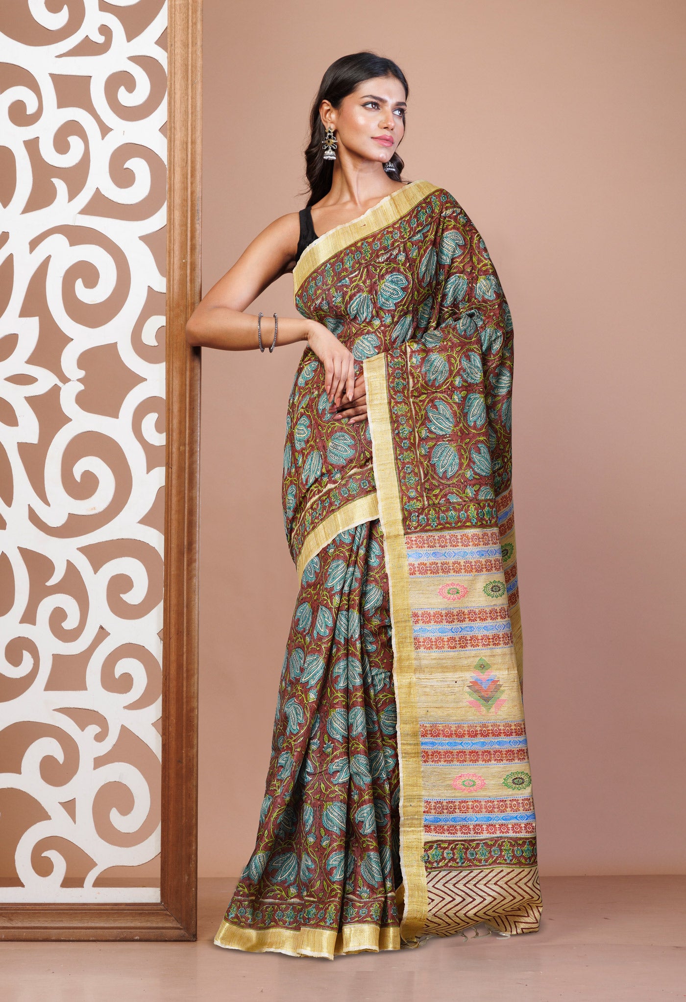 Brown Pure Handloom Hand Block Printed Vidarbha Tussar Silk Saree-UNM75427