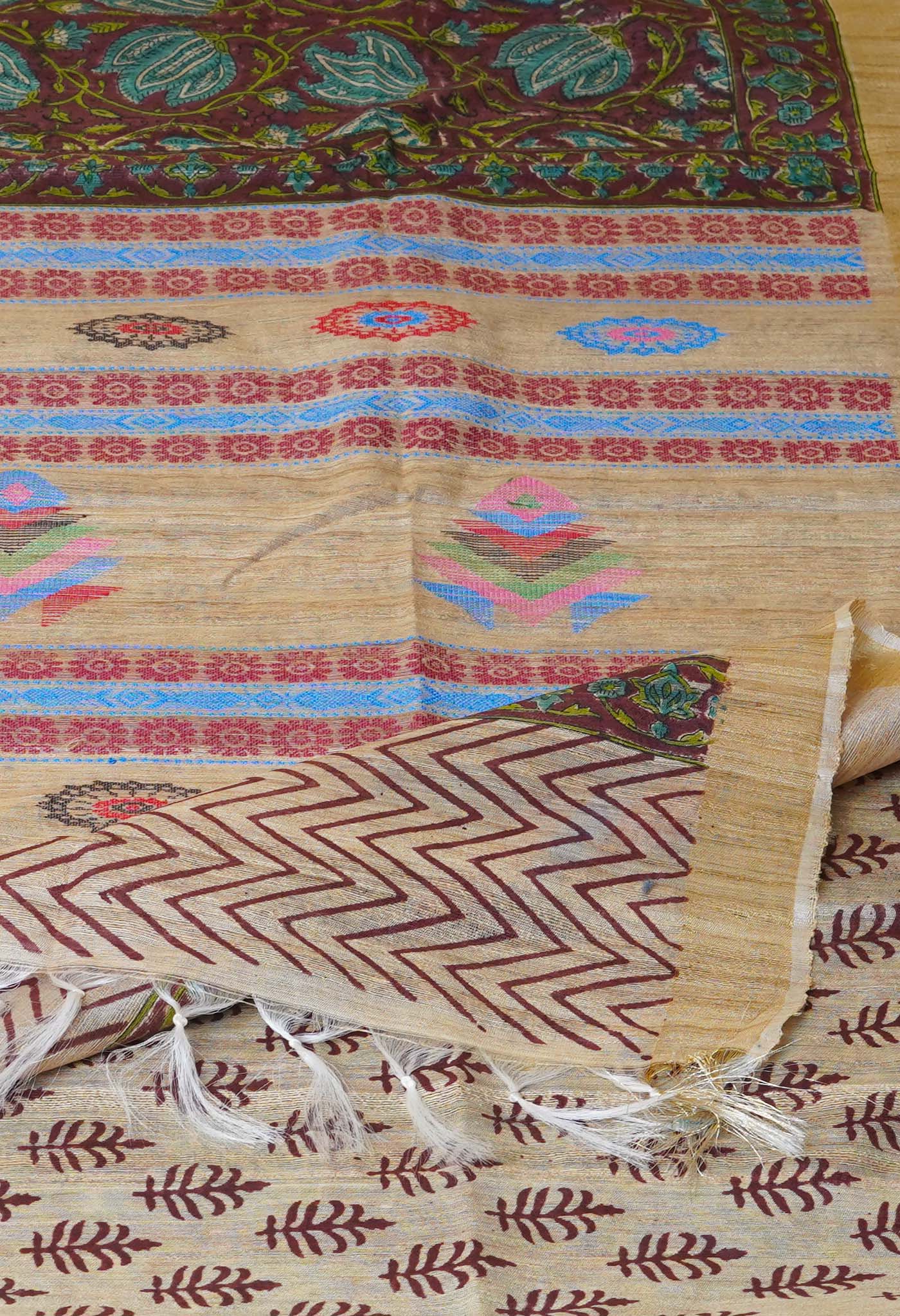 Brown Pure Handloom Hand Block Printed Vidarbha Tussar Silk Saree