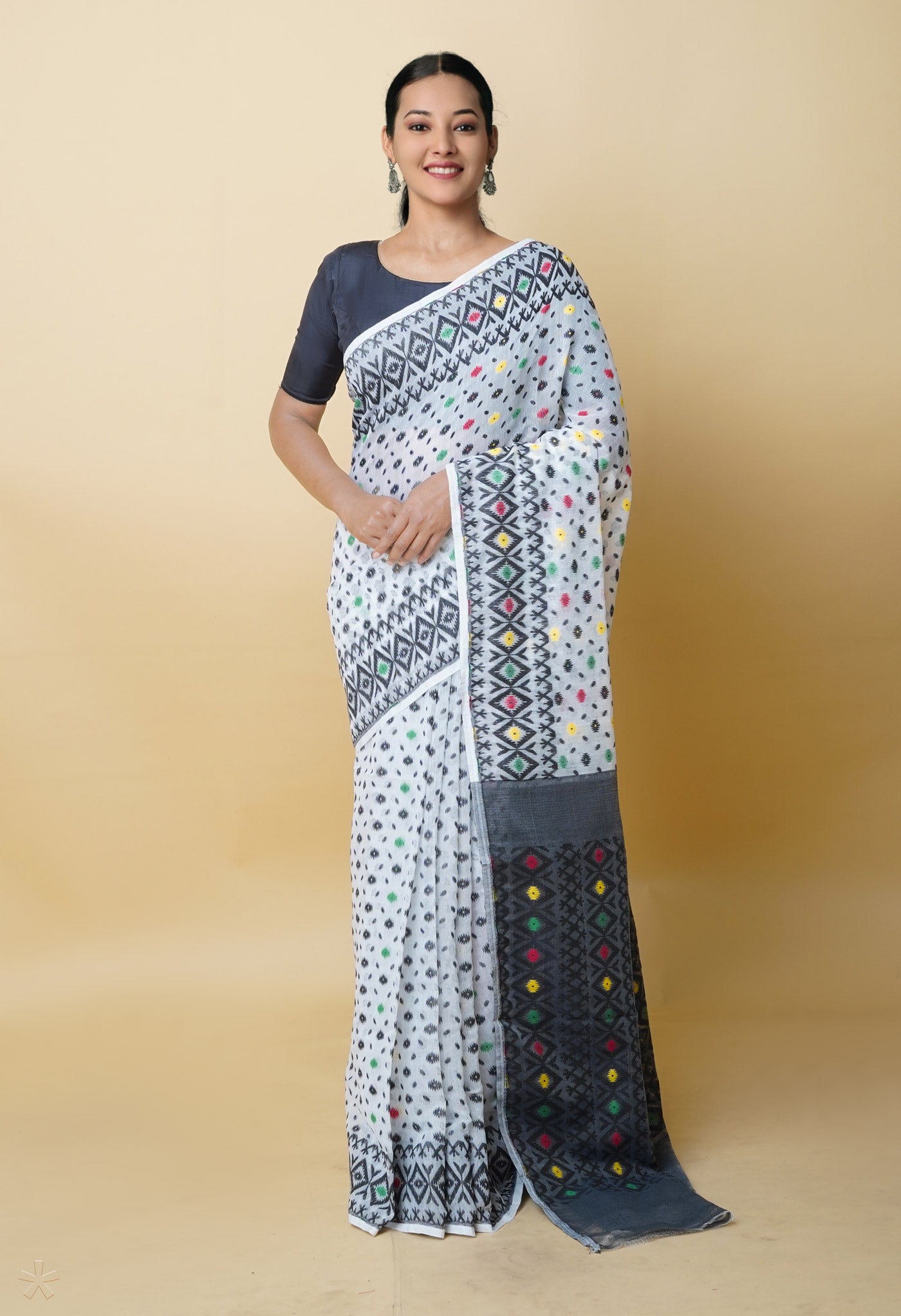 White Jamdhani Bengal Cotton Silk Saree-UNM75431