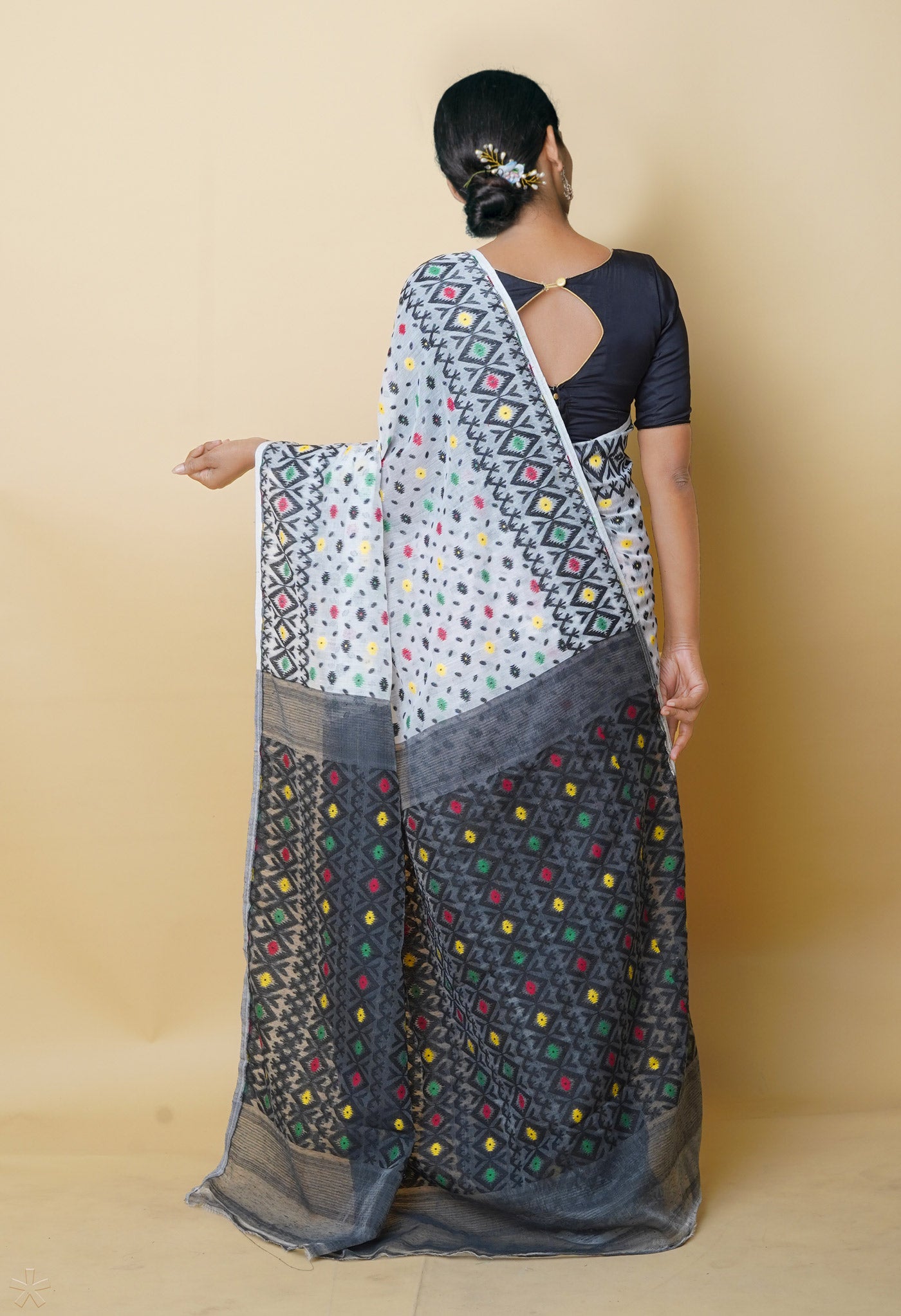 White Jamdhani Bengal Cotton Silk Saree-UNM75431