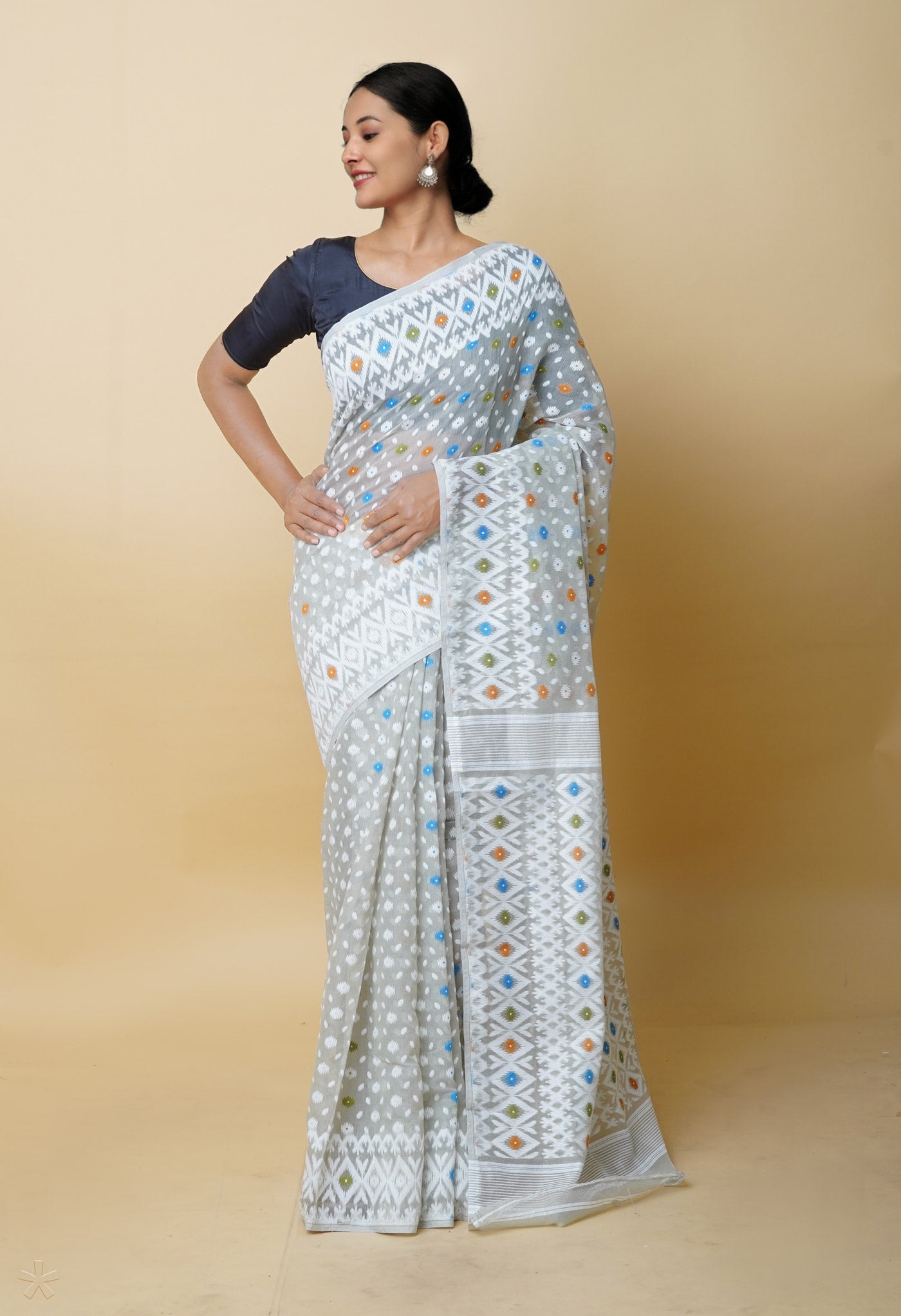 Pale Grey Jamdhani Bengal Cotton Silk Saree