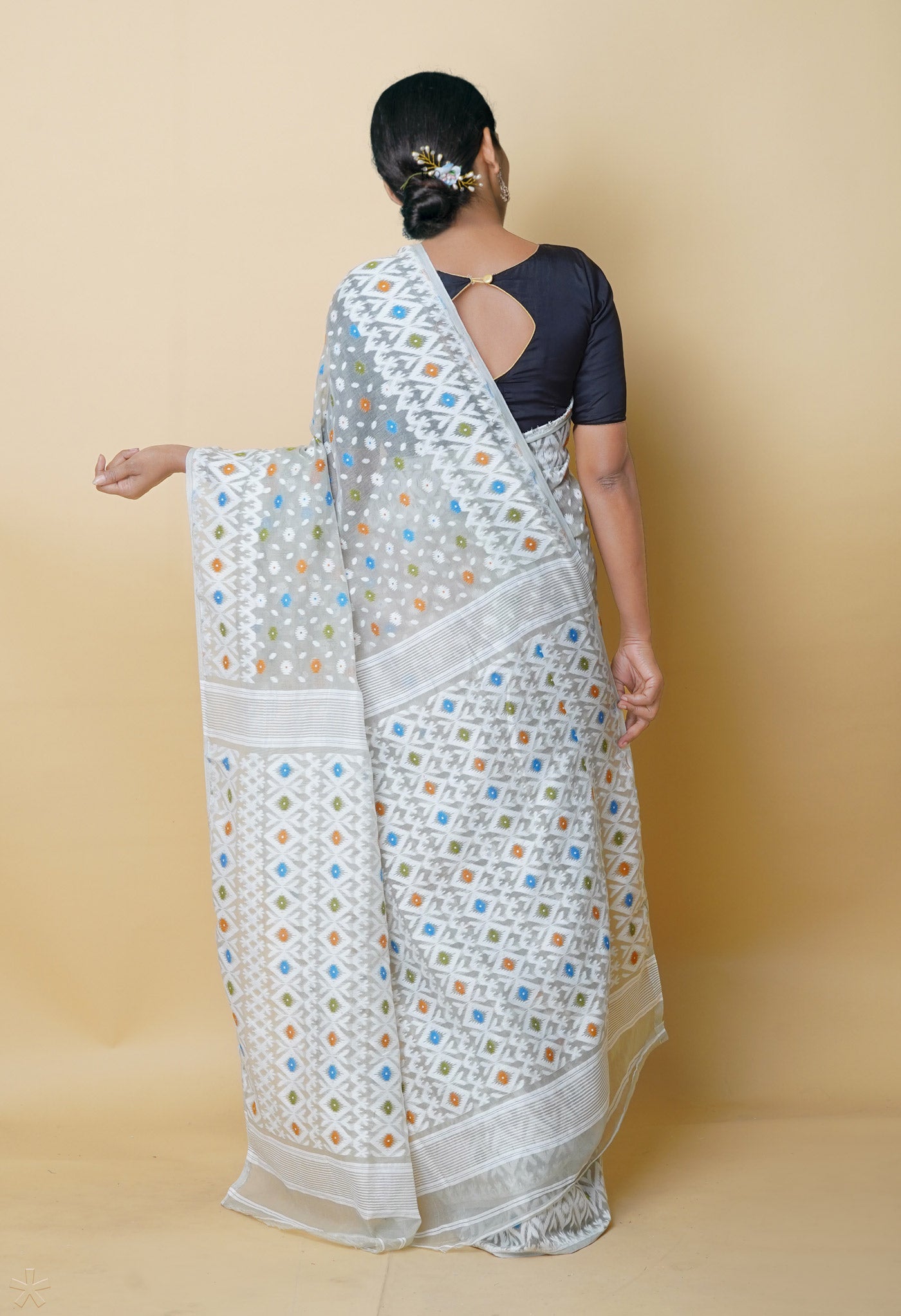 Pale Grey Jamdhani Bengal Cotton Silk Saree