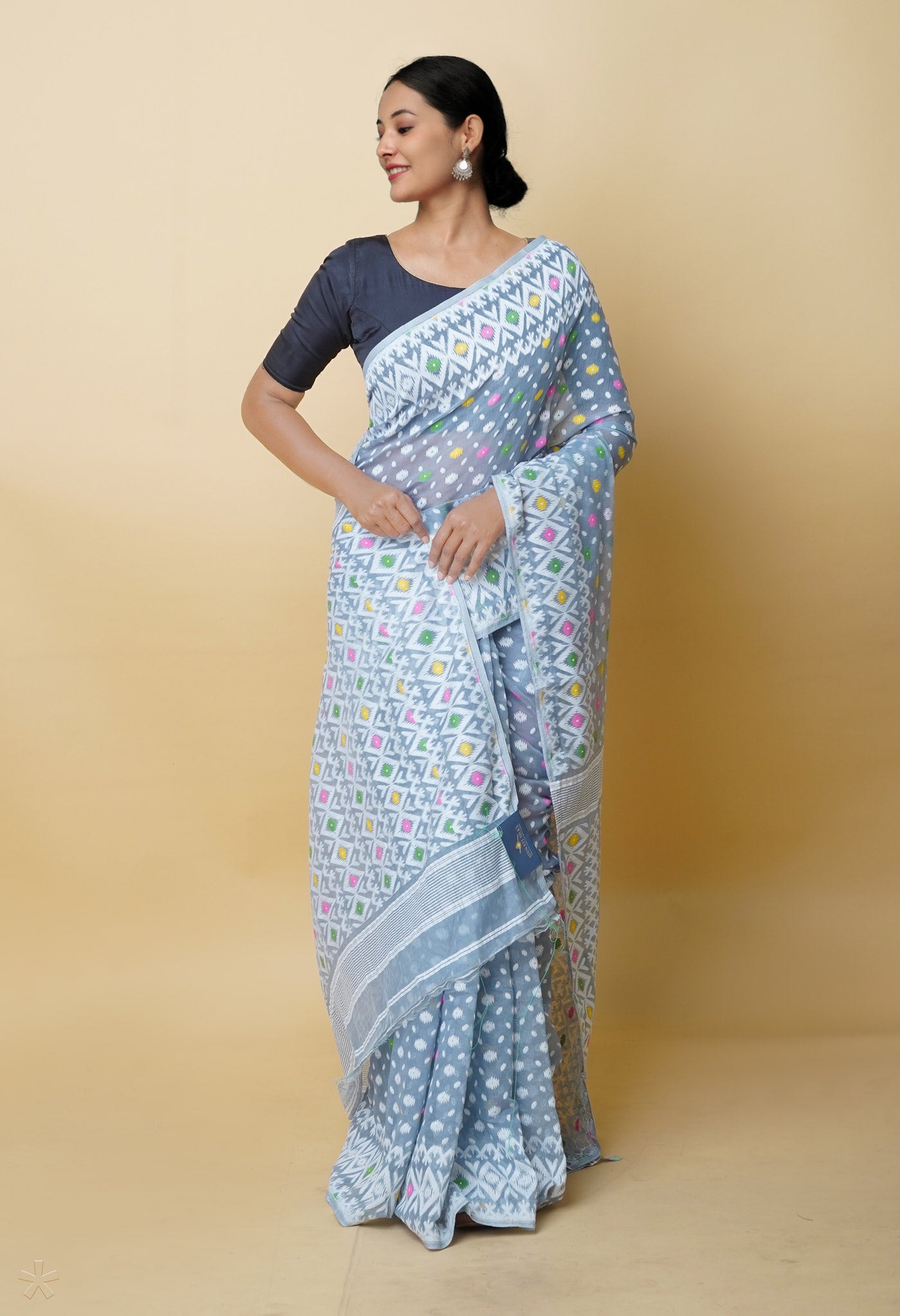 Grey Jamdhani Bengal Cotton Silk Saree-UNM75435