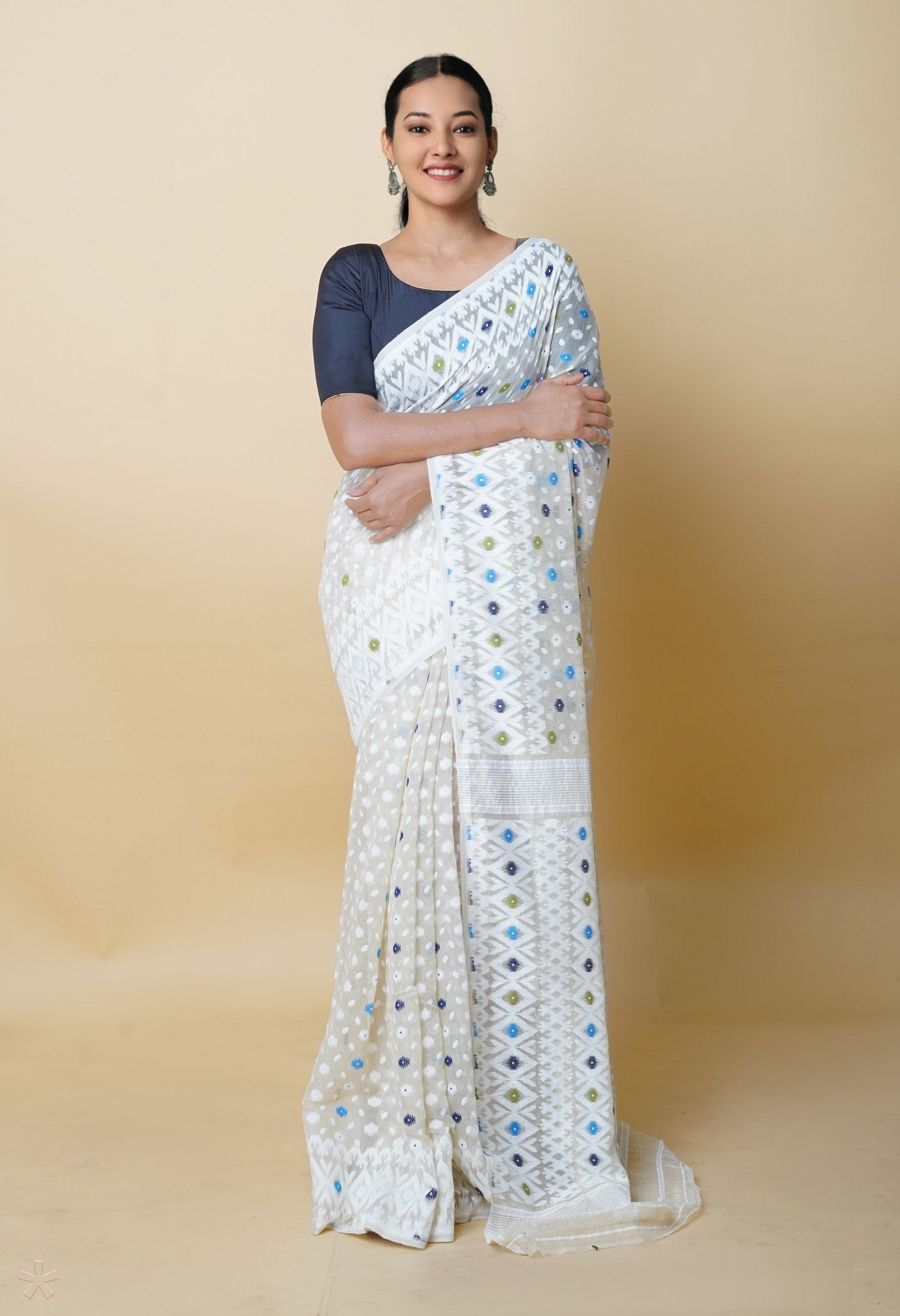 Cream Jamdhani Bengal Cotton Silk Saree