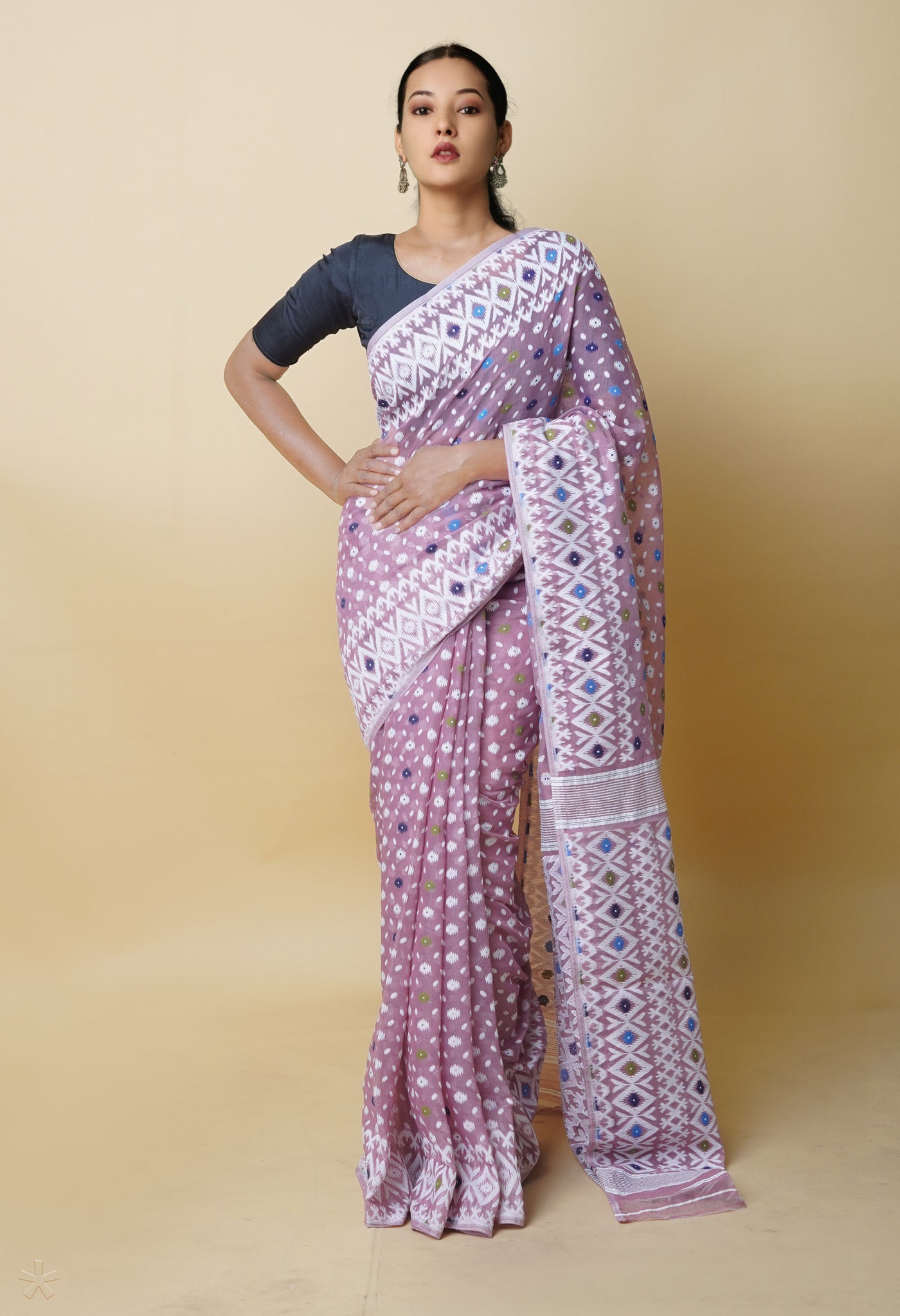 Pale Pink Jamdhani Bengal Cotton Silk Saree-UNM75440