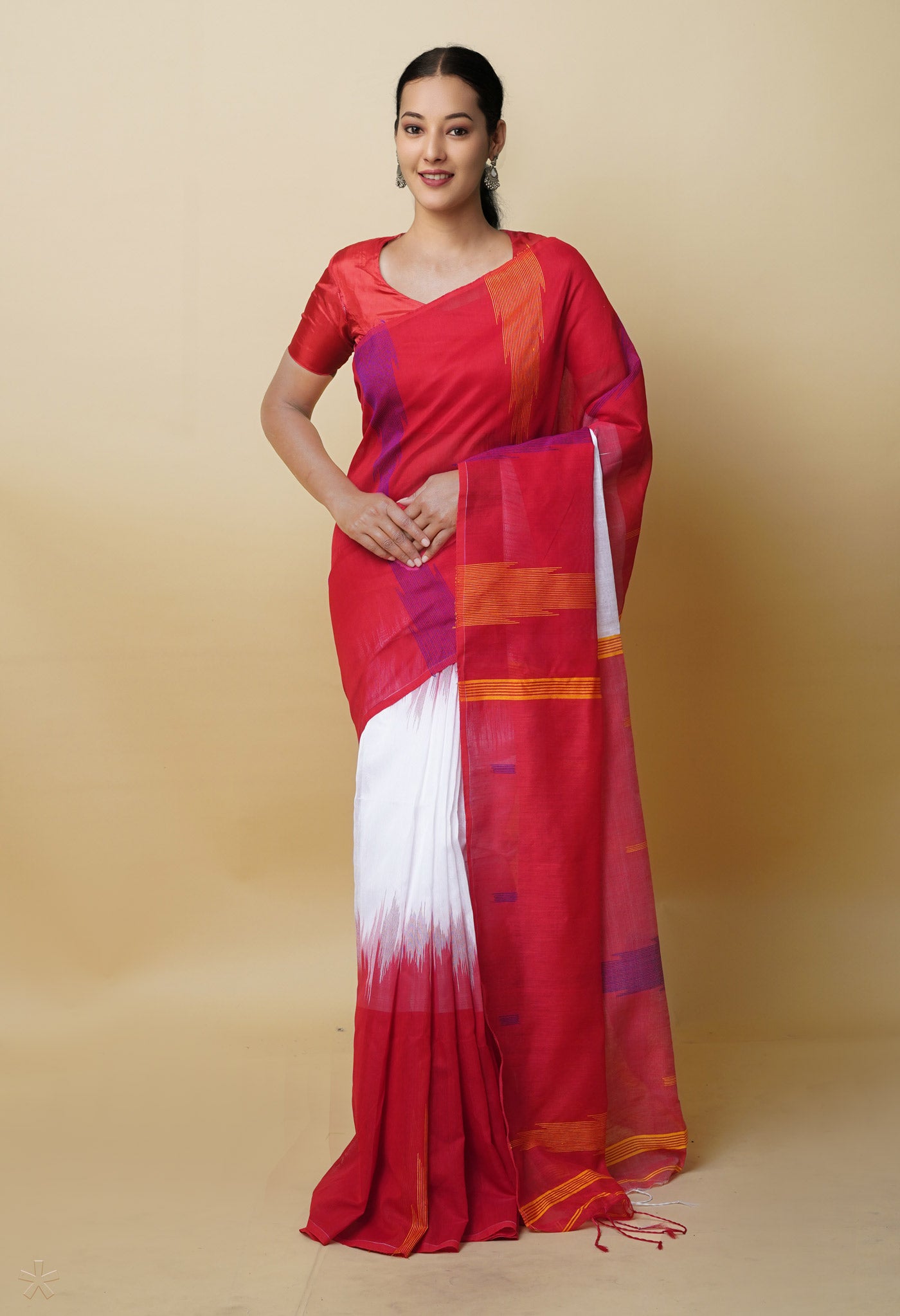 White-Red Pure Handloom Bengal Linen Saree