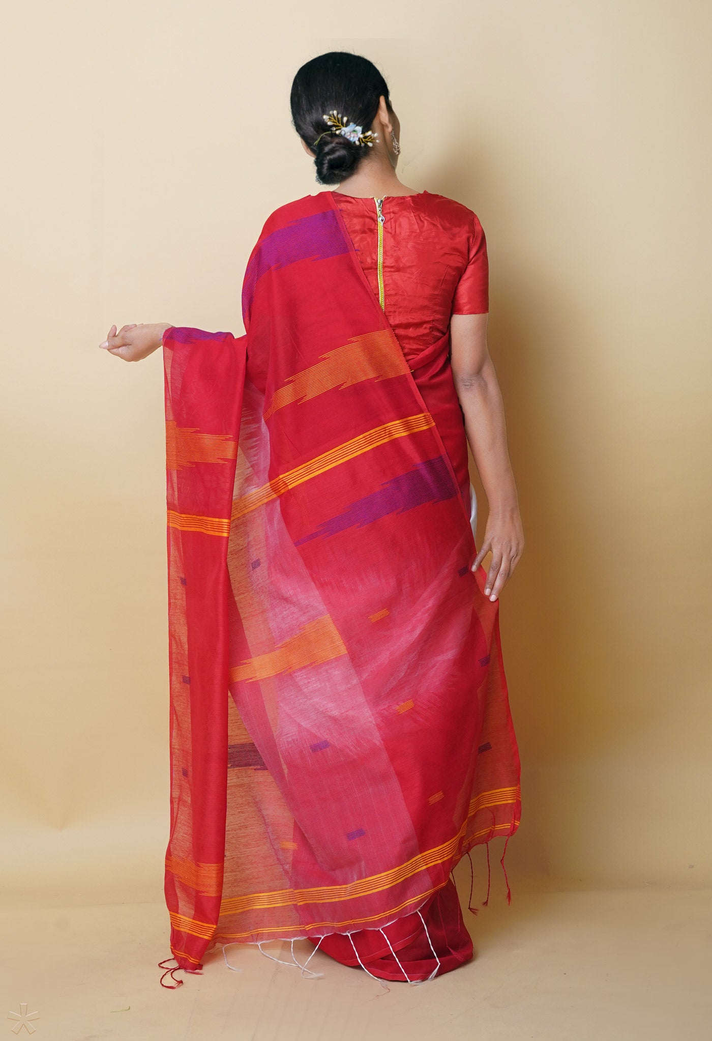 White-Red Pure Handloom Bengal Linen Saree