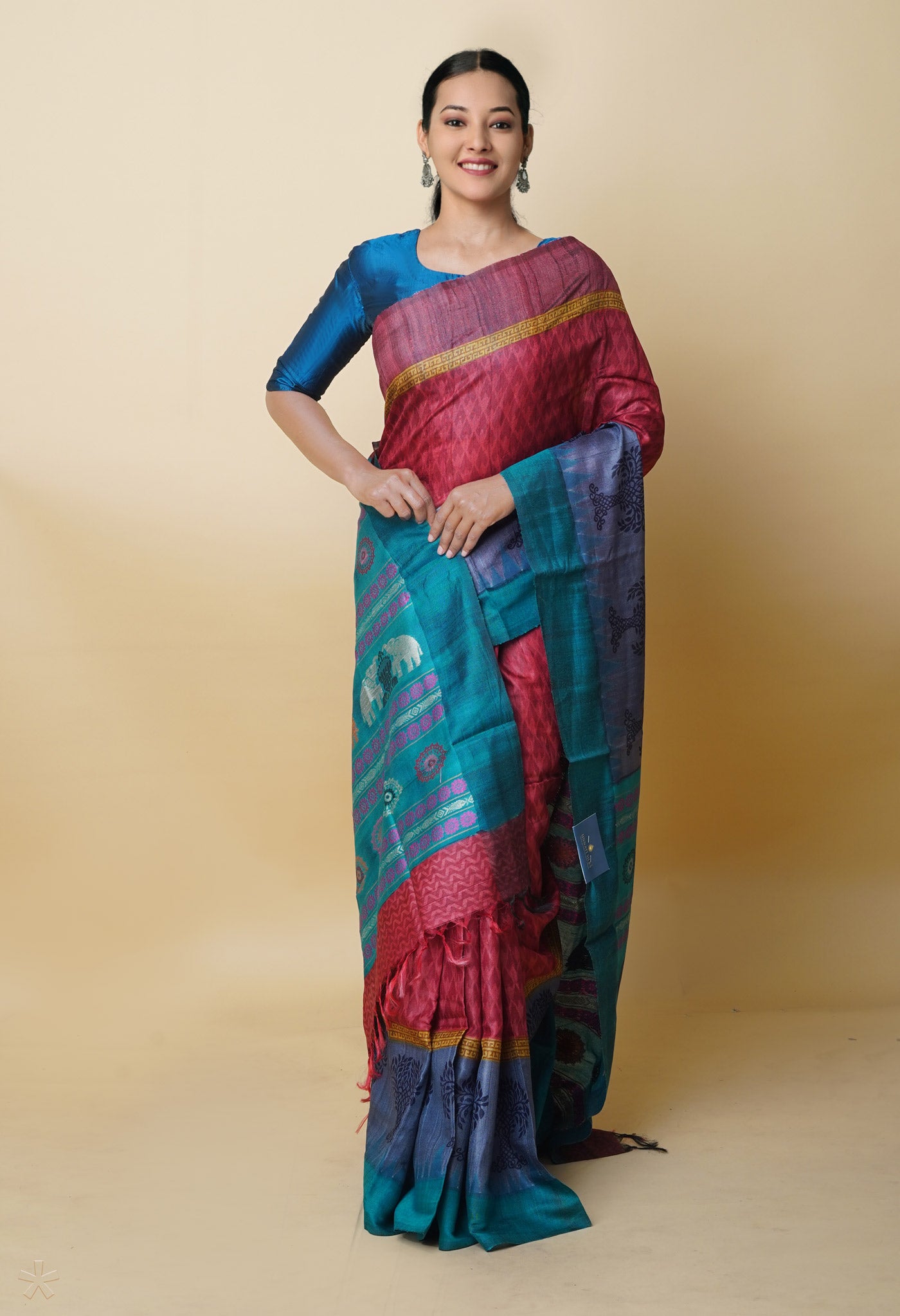 Burgundy Pure Handloom Hand Block Printed Vidarbha Tussar Silk Saree