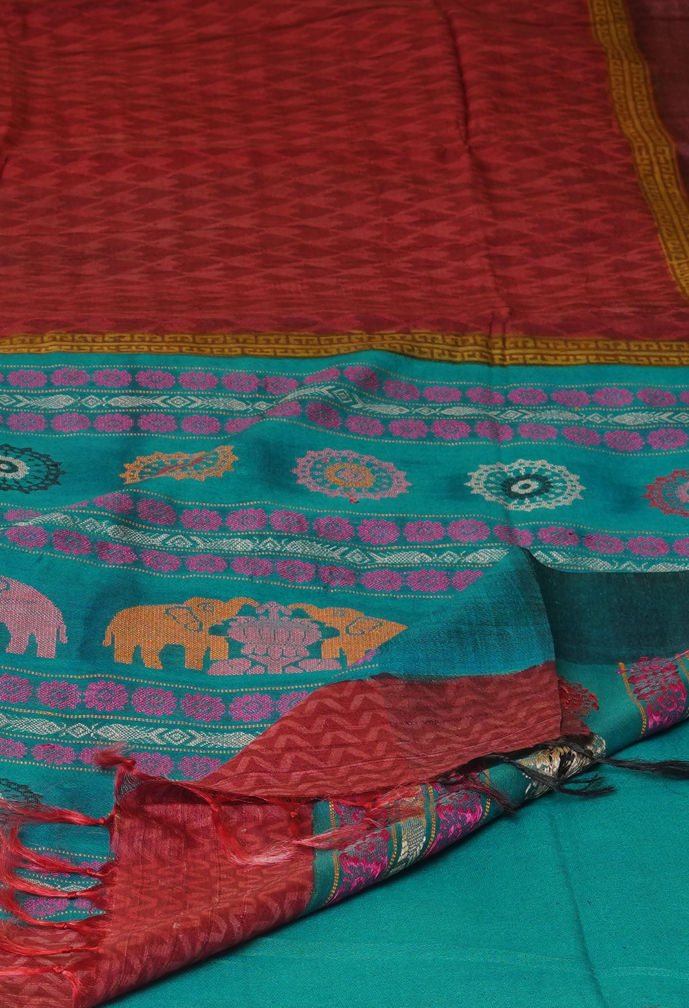 Burgundy Pure Handloom Hand Block Printed Vidarbha Tussar Silk Saree