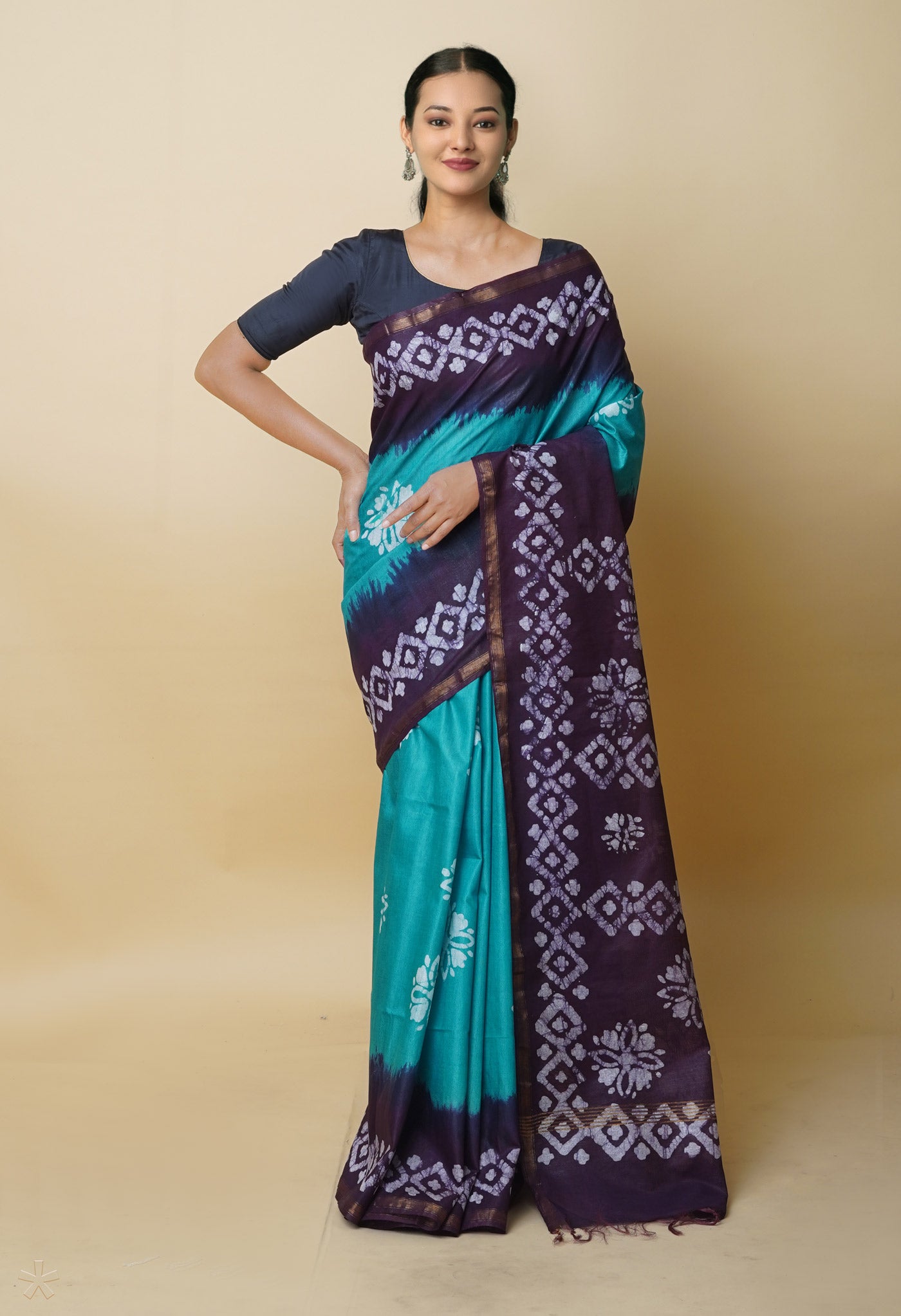 Green-Dark Purple Pure Batik Printed Chanderi Sico Saree