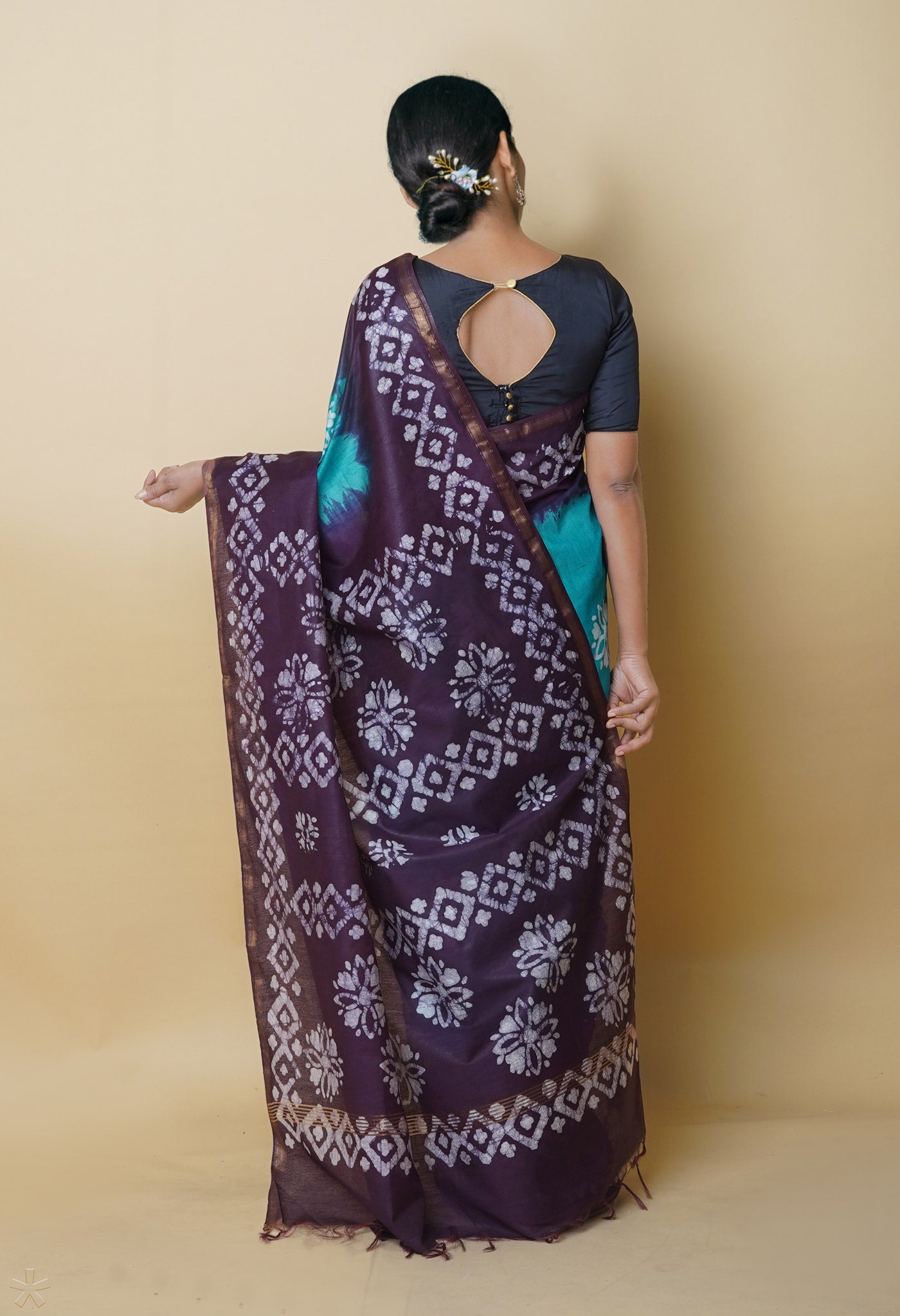 Green-Dark Purple Pure Batik Printed Chanderi Sico Saree