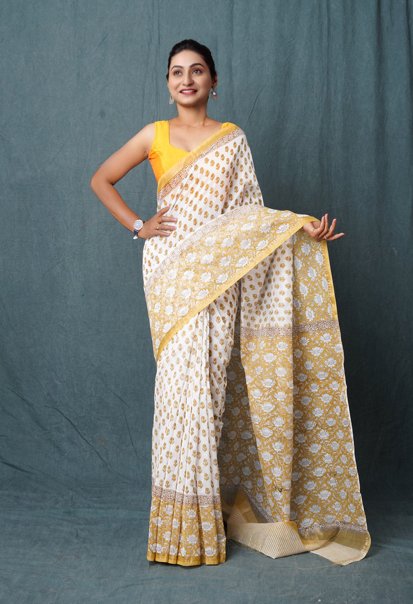 White-Brown Block Printed Chanderi Sico Saree