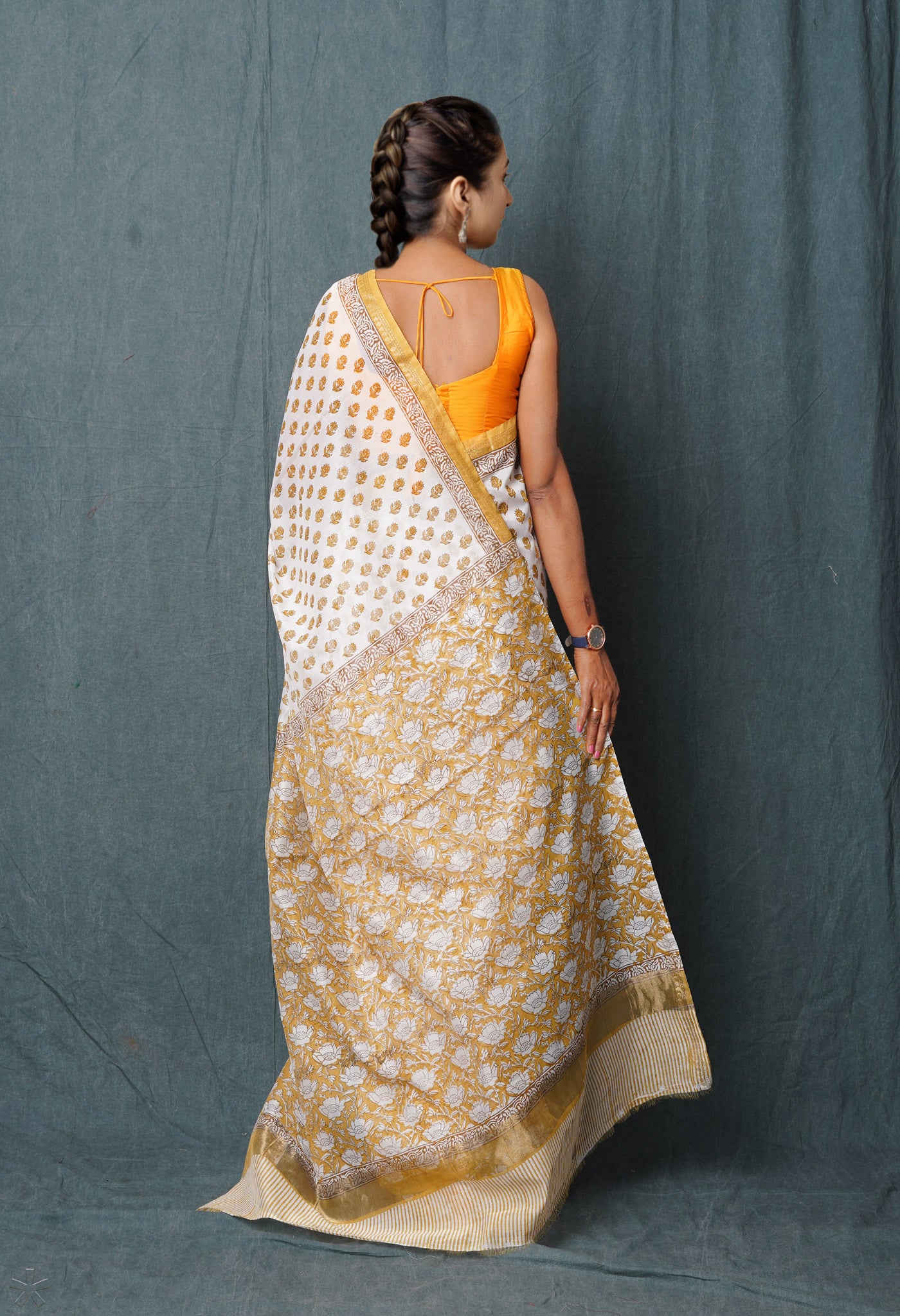 White-Brown Block Printed Chanderi Sico Saree