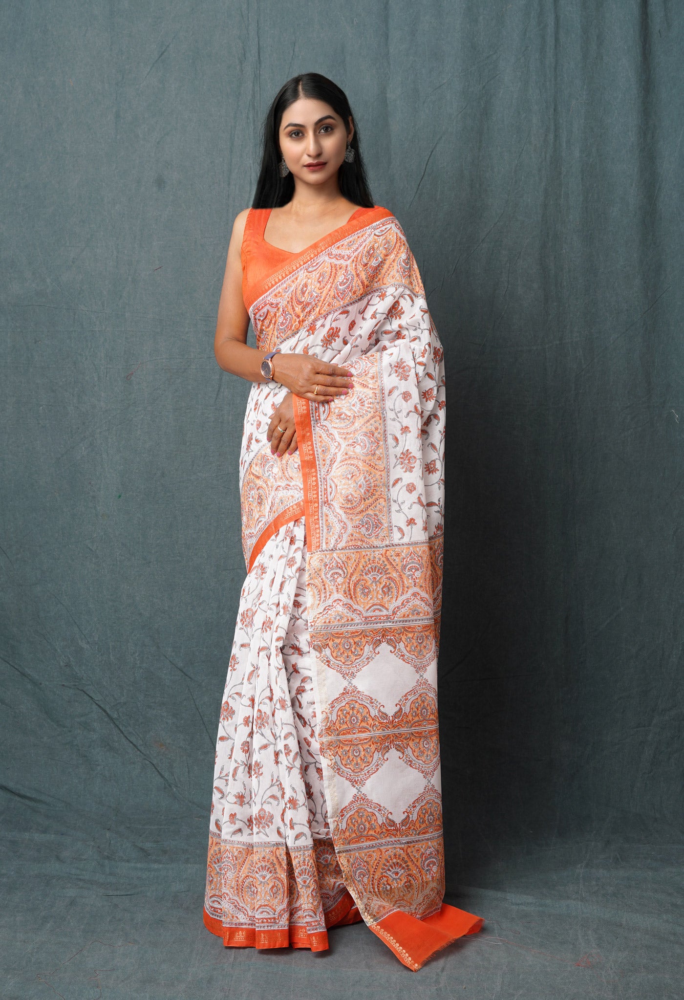 White-Orange Block Printed Chanderi Sico Saree