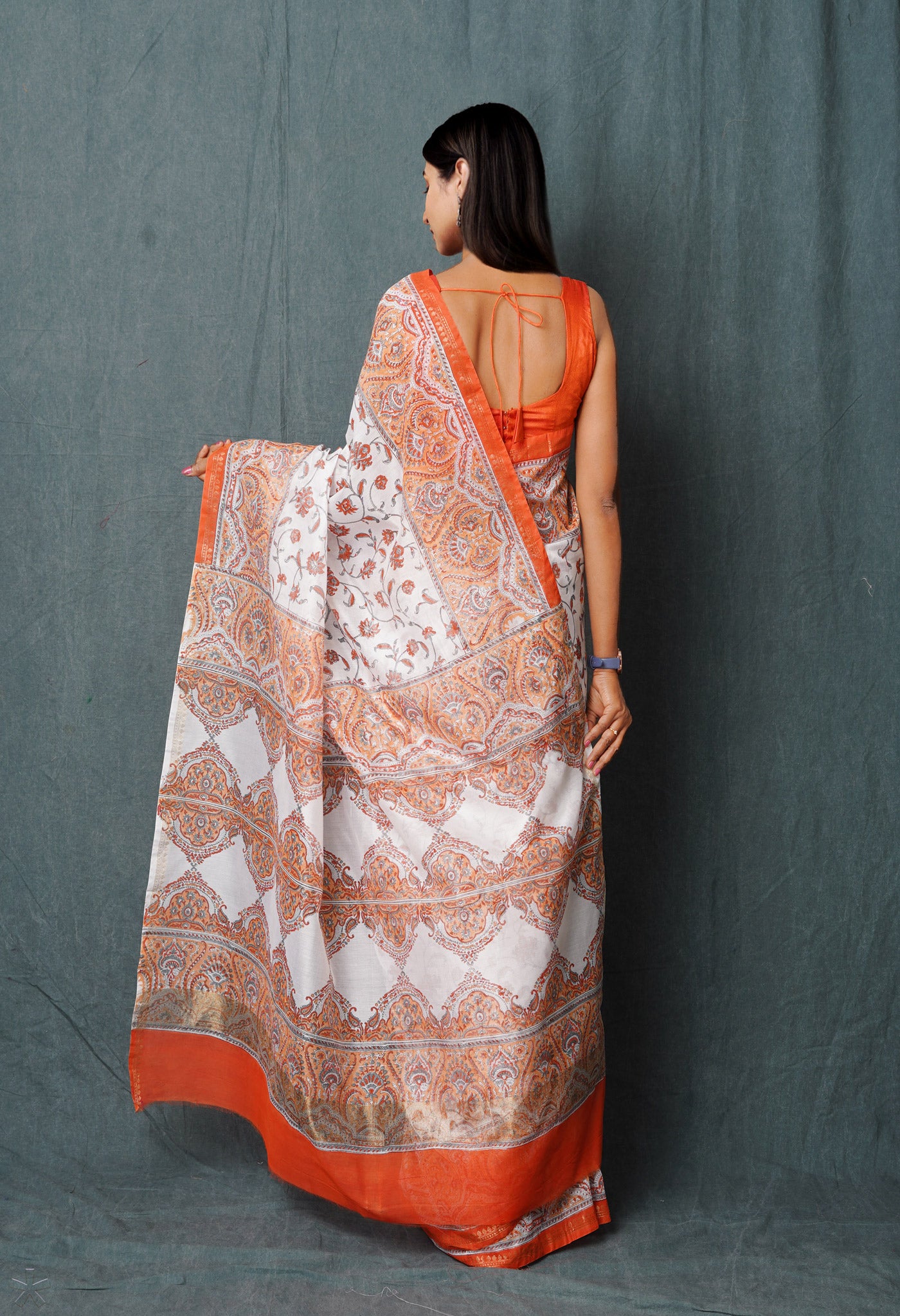 White-Orange Block Printed Chanderi Sico Saree