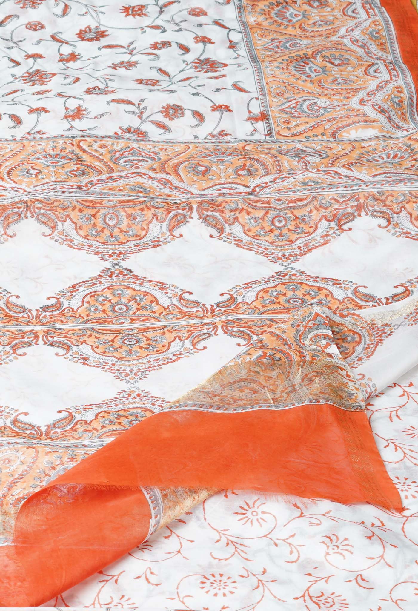 White-Orange Block Printed Chanderi Sico Saree